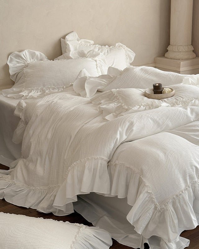 Jasmine White Ruffled Jacquard Bedding Bundle - Ever Lasting