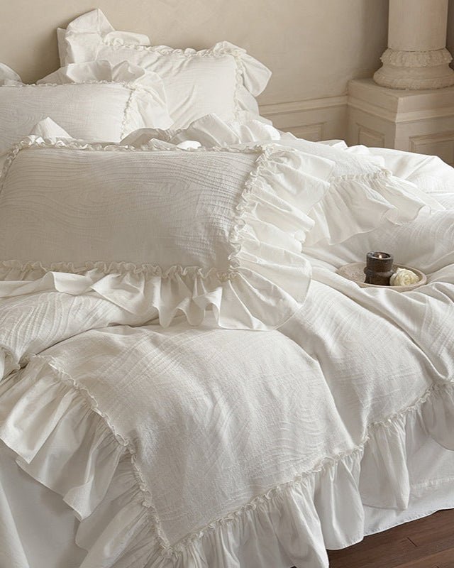 Jasmine White Ruffled Jacquard Bedding Bundle - Ever Lasting