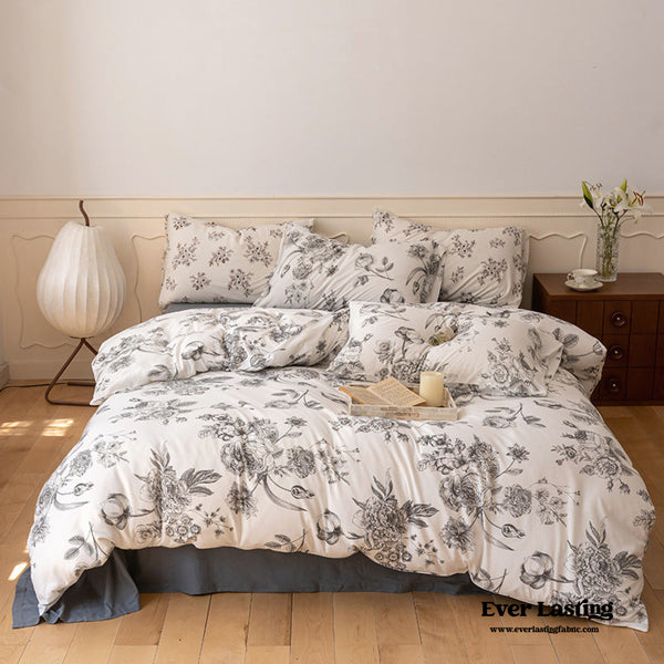 Jersey Knit Floral Bedding Set / Gray White