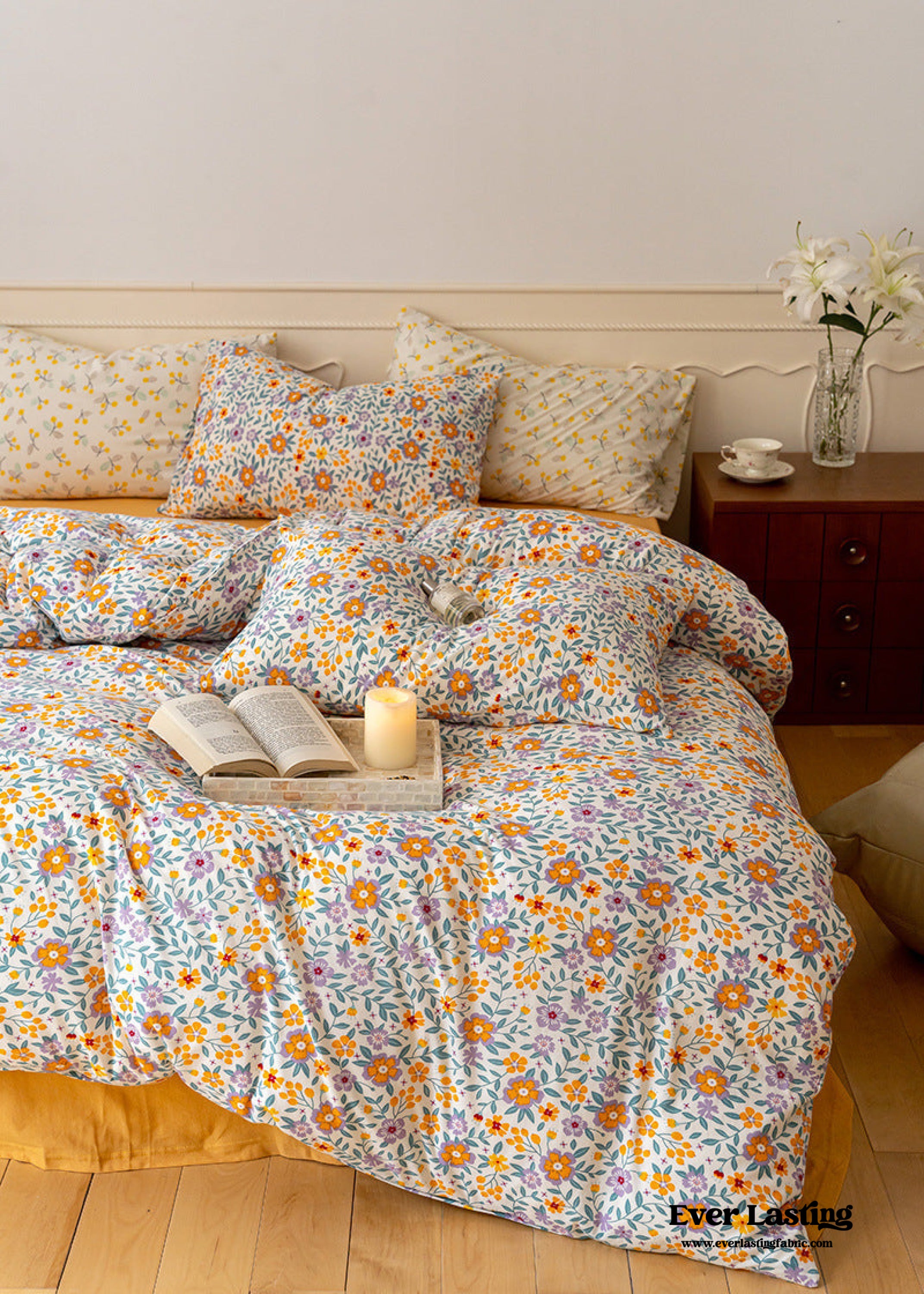 Jersey Knit Floral Bedding Set / Orange Blue