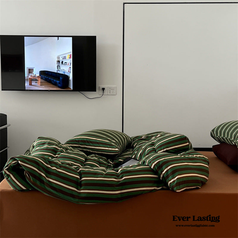 Jersey Knit Retro Stripe Bedding Set / Green + Brown