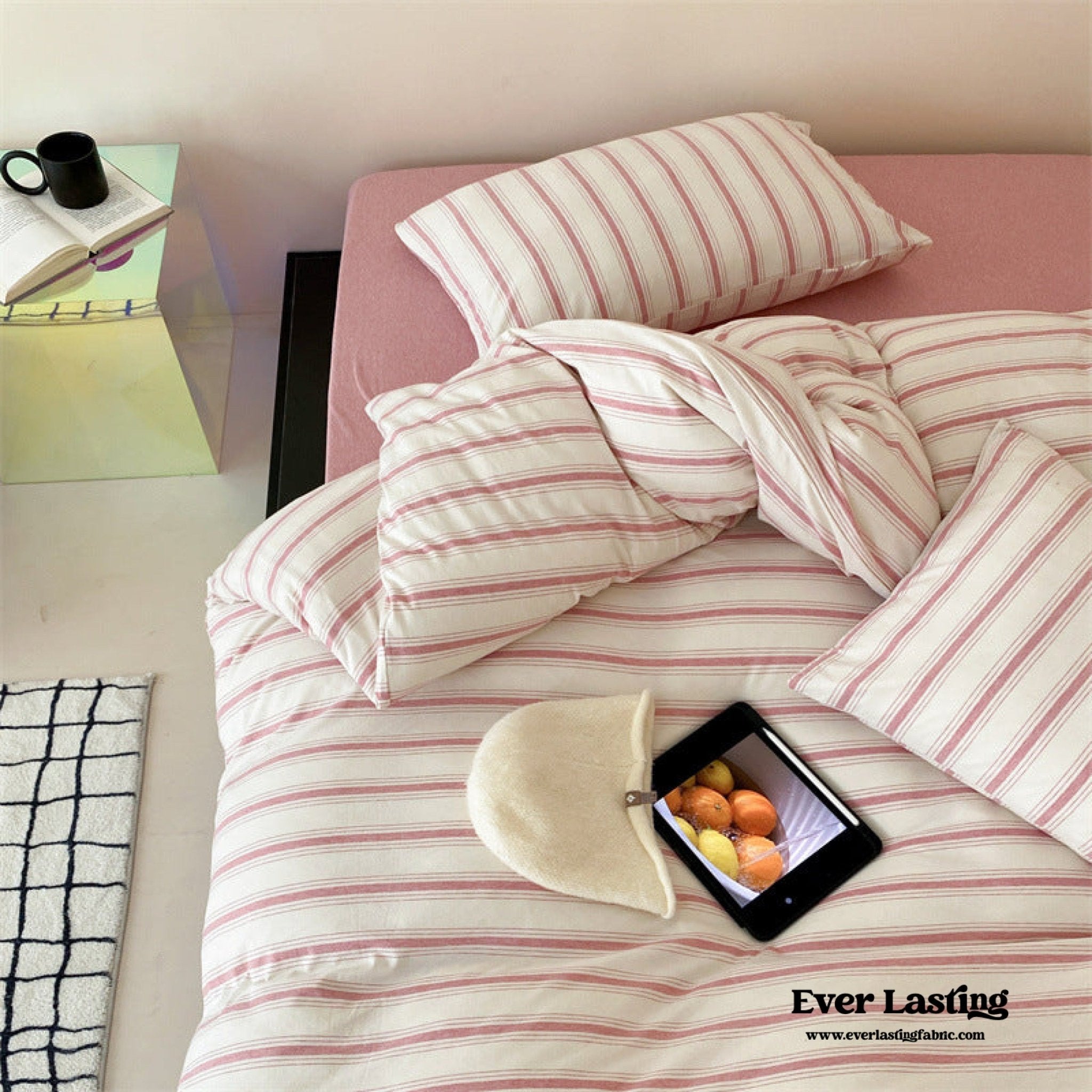 Jersey Knit Stripe Bedding Set / White Pink - Ever Lasting