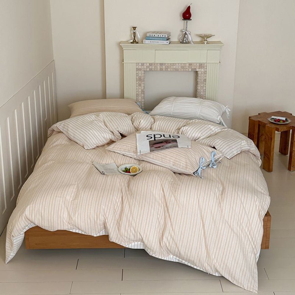 Josie Bow Tied Striped Bedding Set / Cream - Ever Lasting