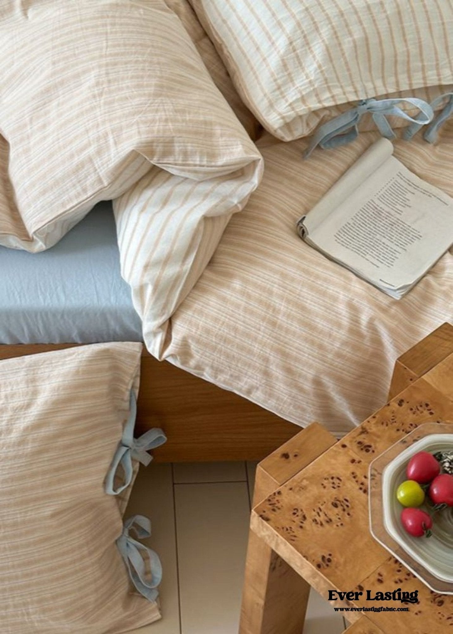 Josie Bow Tied Striped Bedding Set / Gray - Ever Lasting