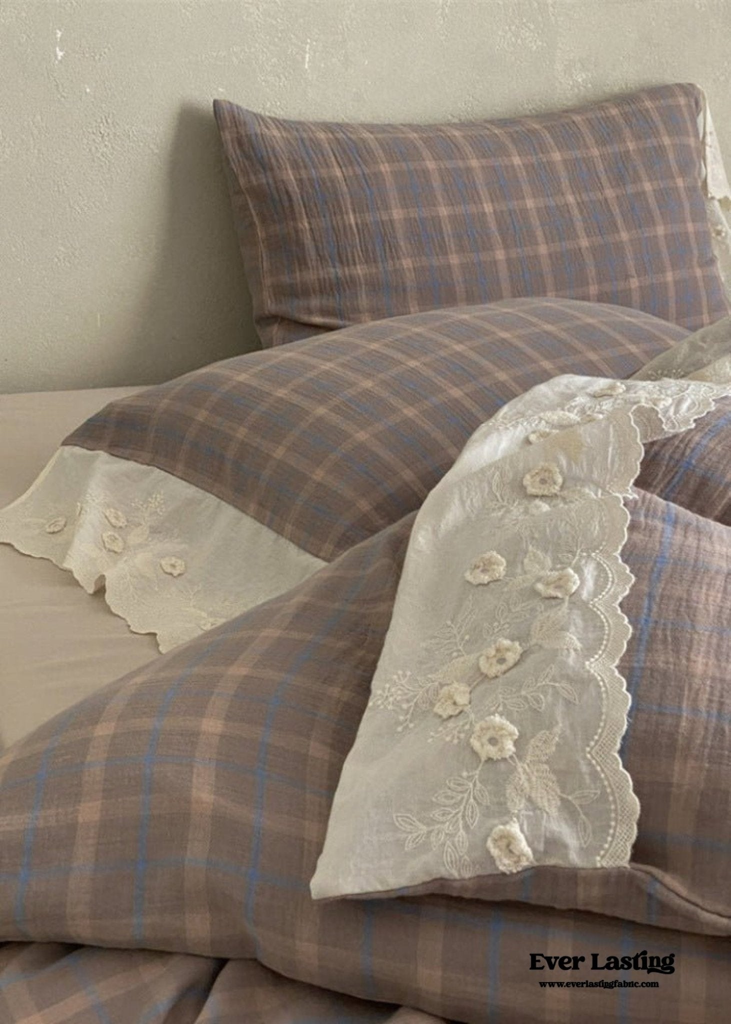 June Lace Double Gauze Gingham Bedding Set / Brown - Ever Lasting