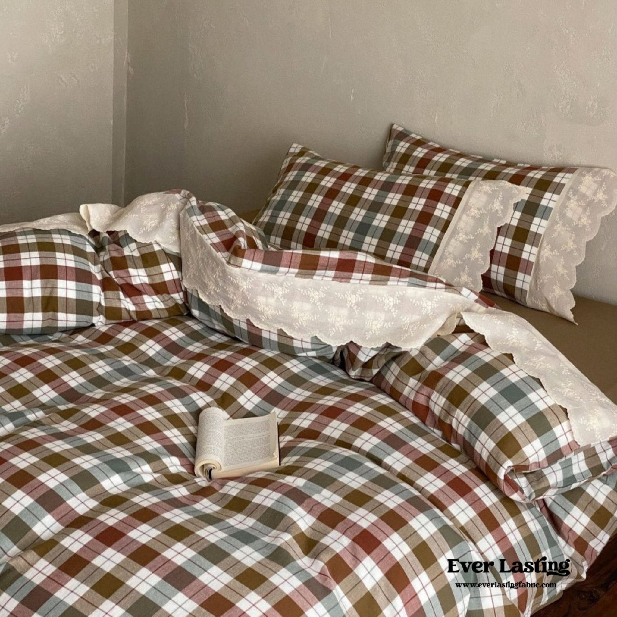 June Lace Double Gauze Gingham Bedding Set / Brown - Ever Lasting