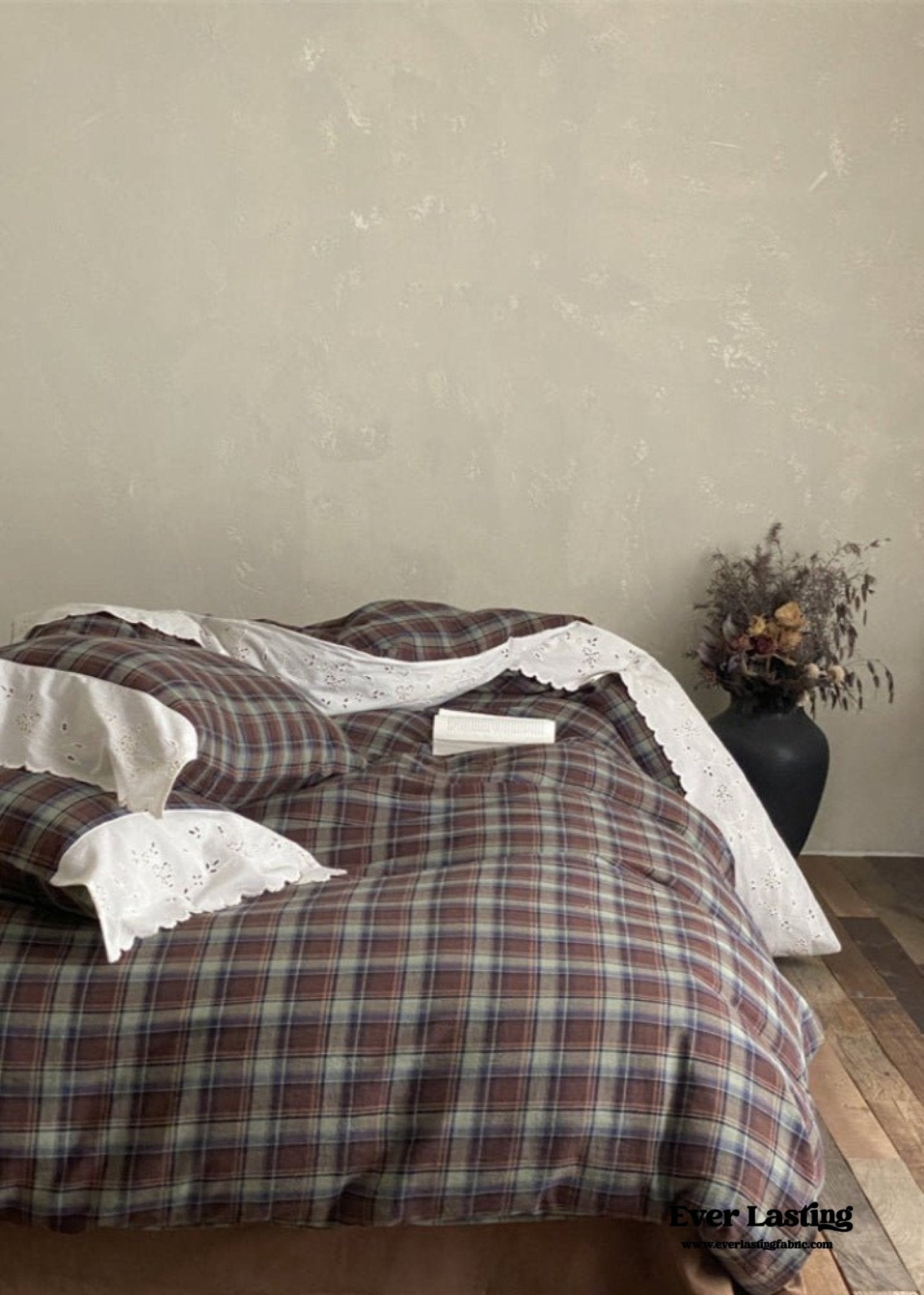 June Lace Double Gauze Gingham Bedding Set / Brown - Ever Lasting