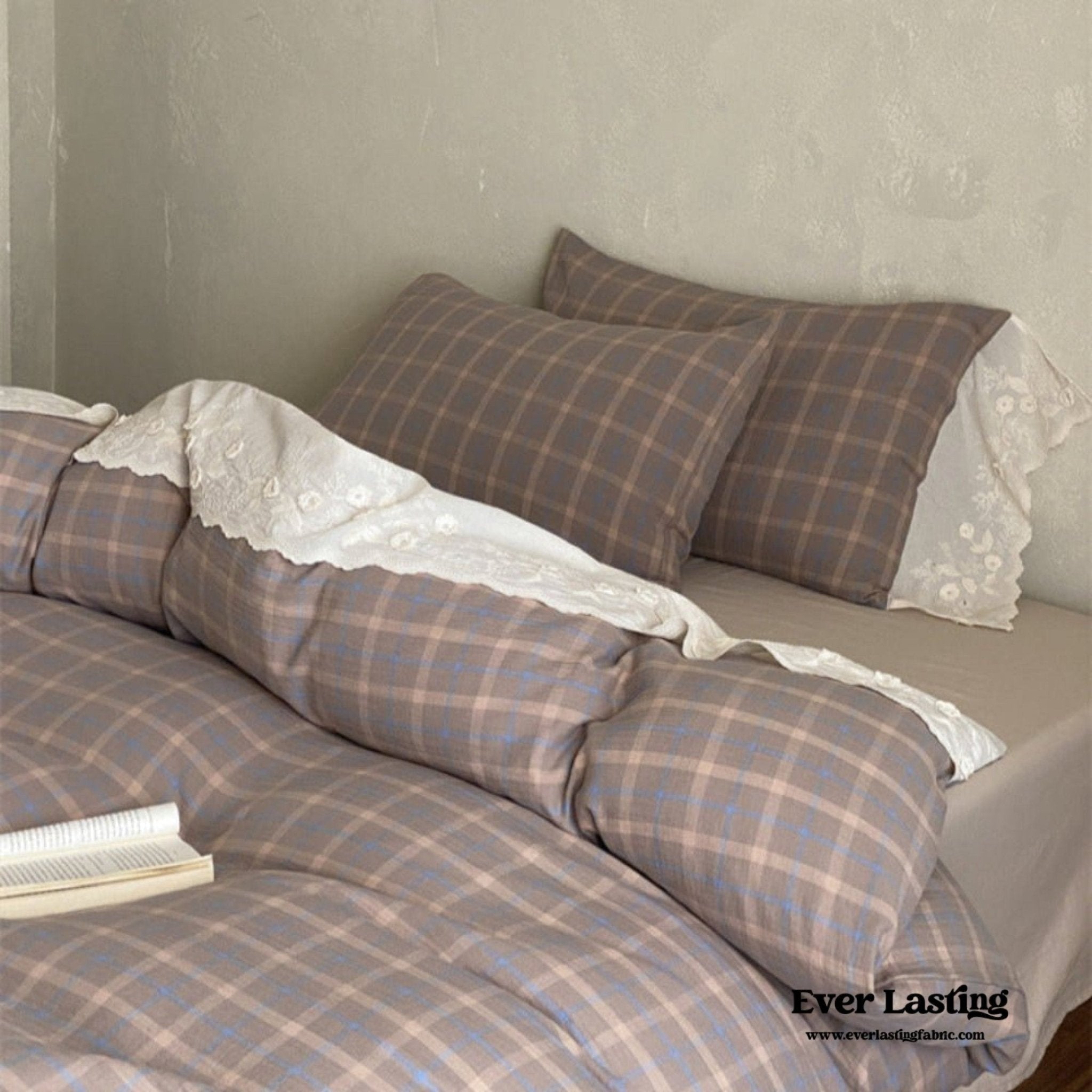 June Lace Double Gauze Gingham Bedding Set / Brown - Ever Lasting