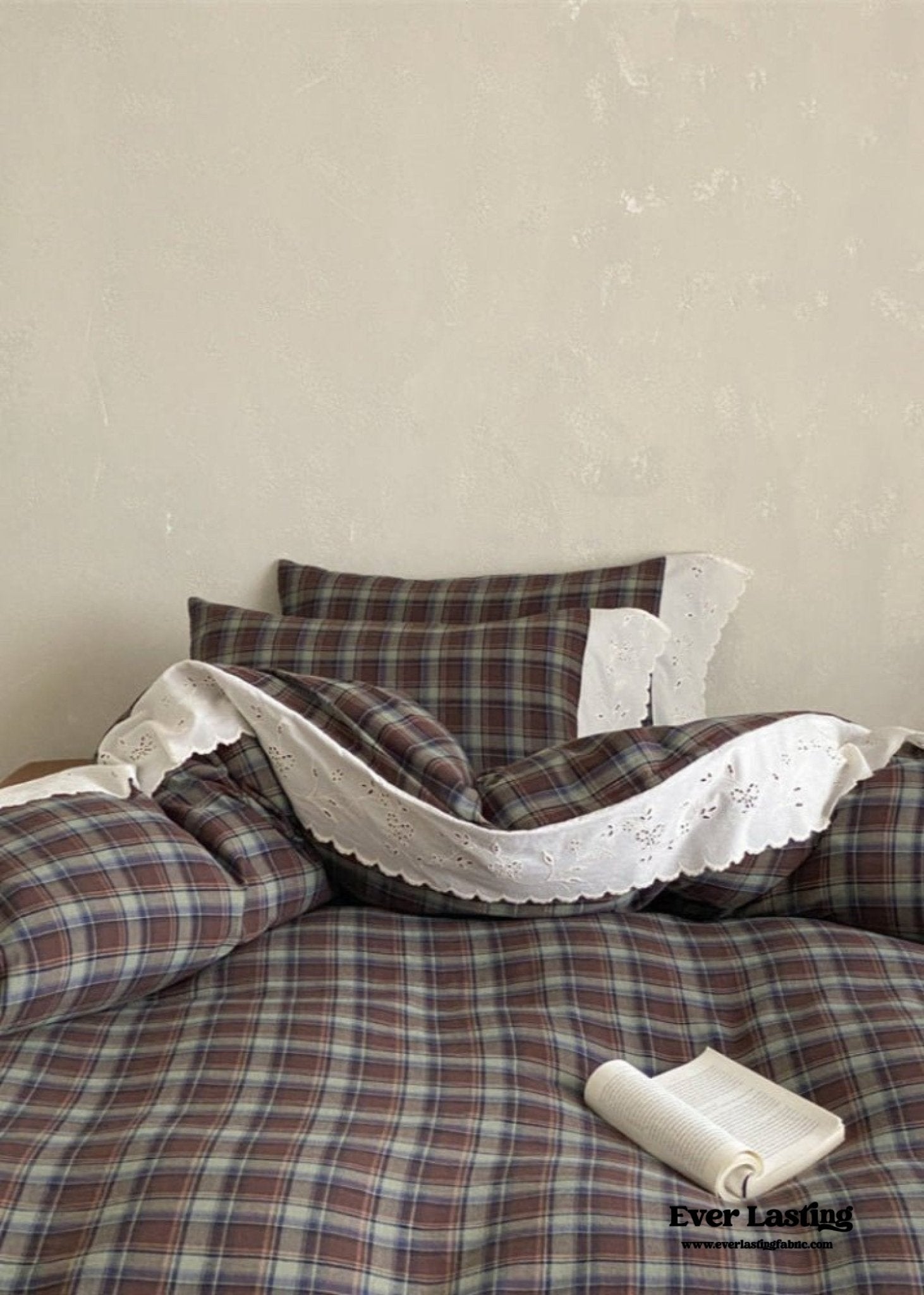 June Lace Double Gauze Gingham Bedding Set / Brown - Ever Lasting