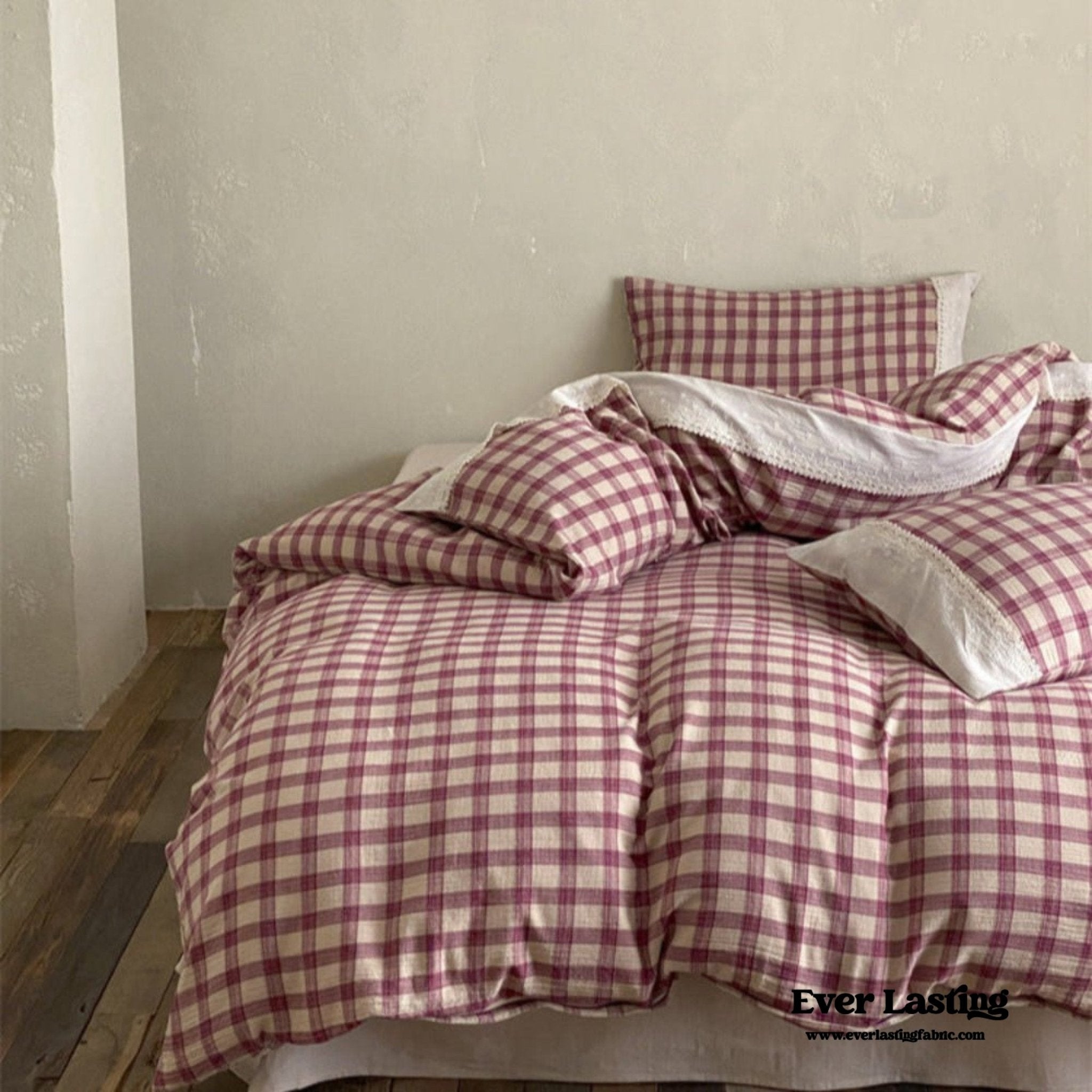 June Lace Double Gauze Gingham Bedding Set / Brown - Ever Lasting