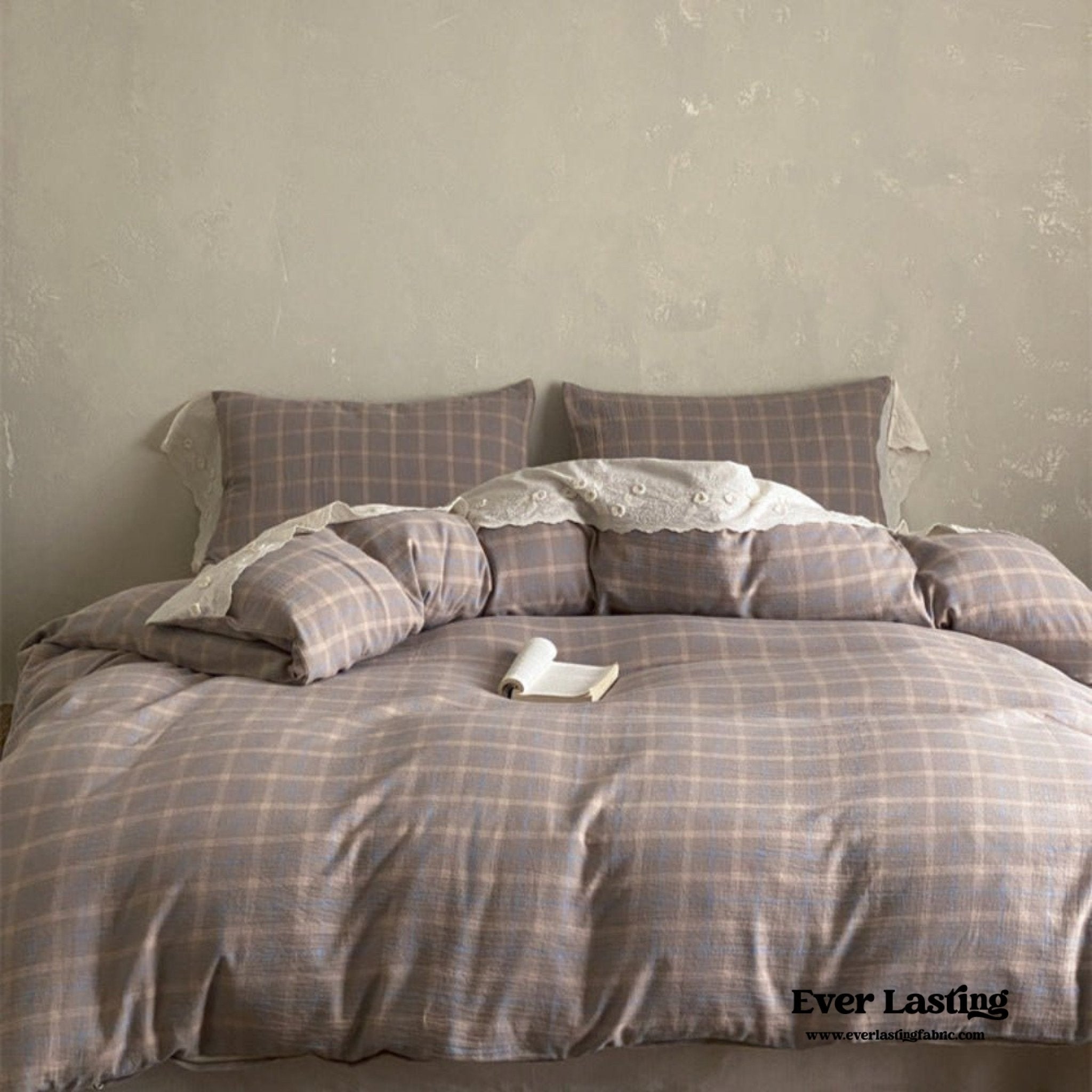 June Lace Double Gauze Gingham Bedding Set / Brown - Ever Lasting