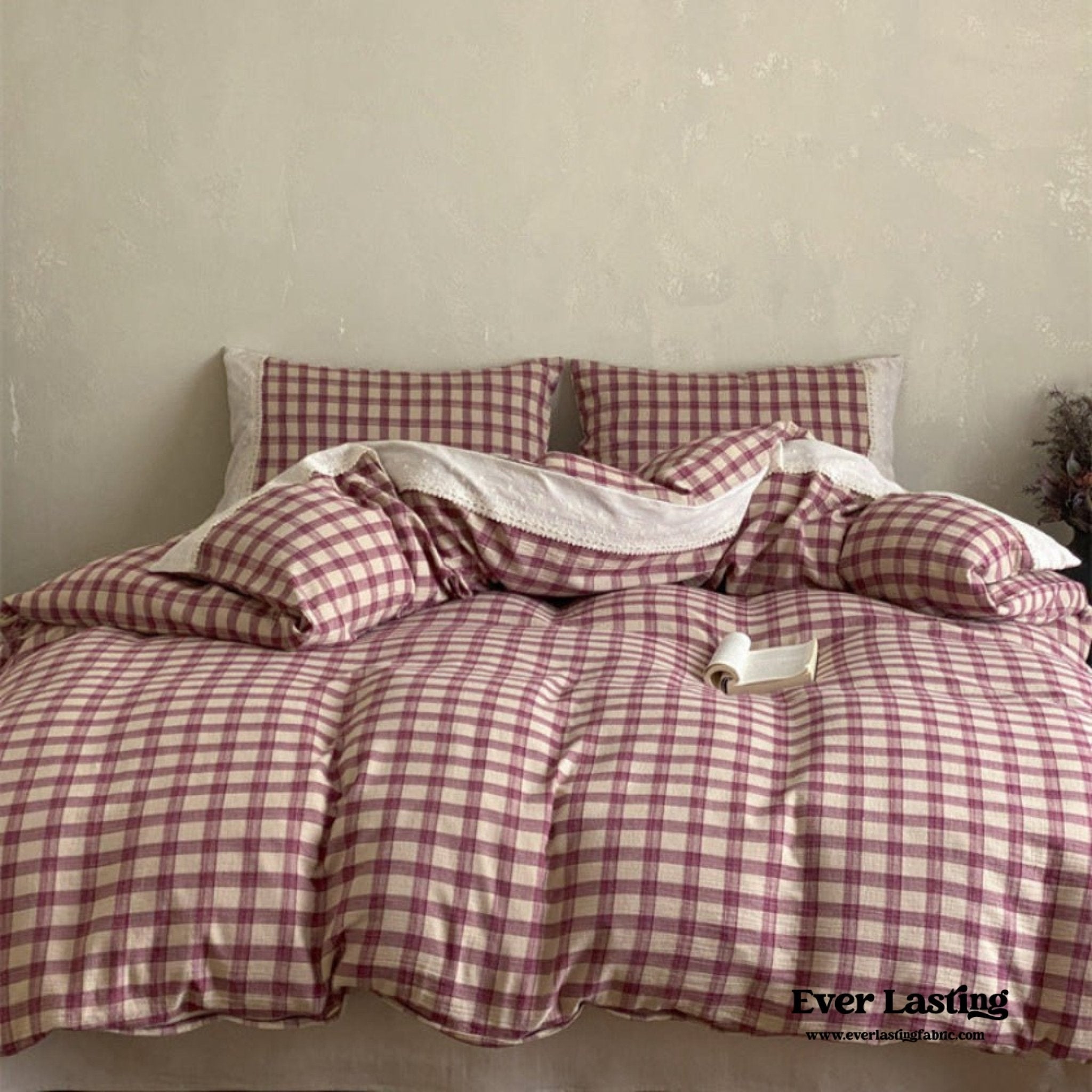 June Lace Double Gauze Gingham Bedding Set / Brown - Ever Lasting