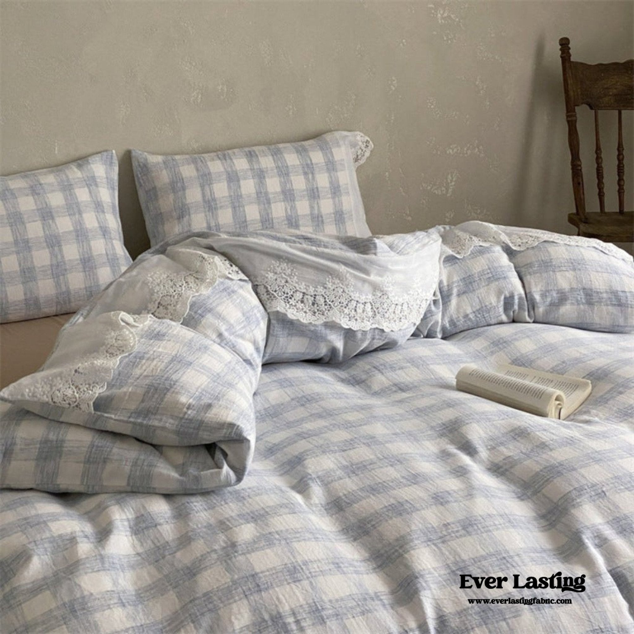 June Lace Double Gauze Gingham Bedding Set / Brown - Ever Lasting