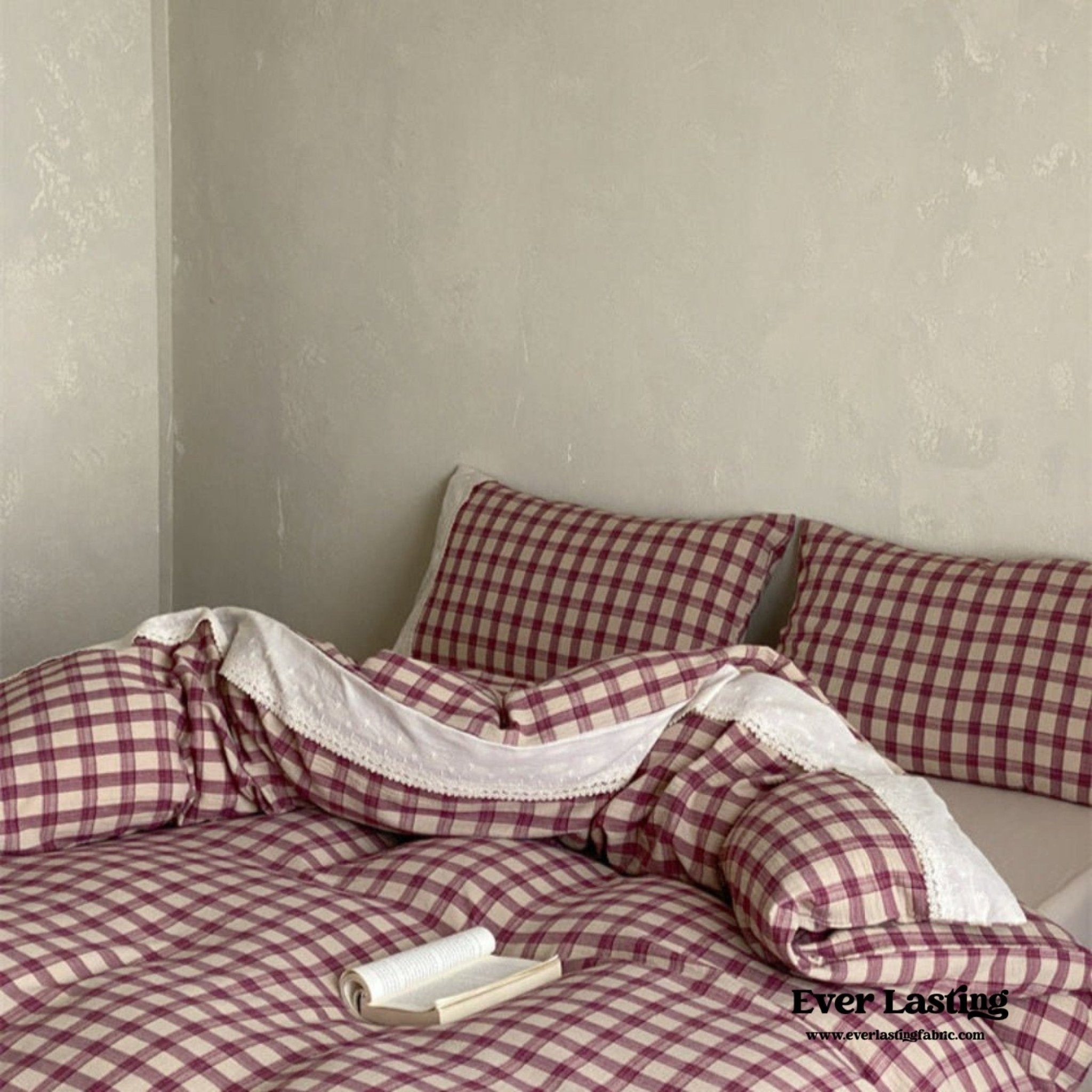 June Lace Double Gauze Gingham Bedding Set / Brown - Ever Lasting