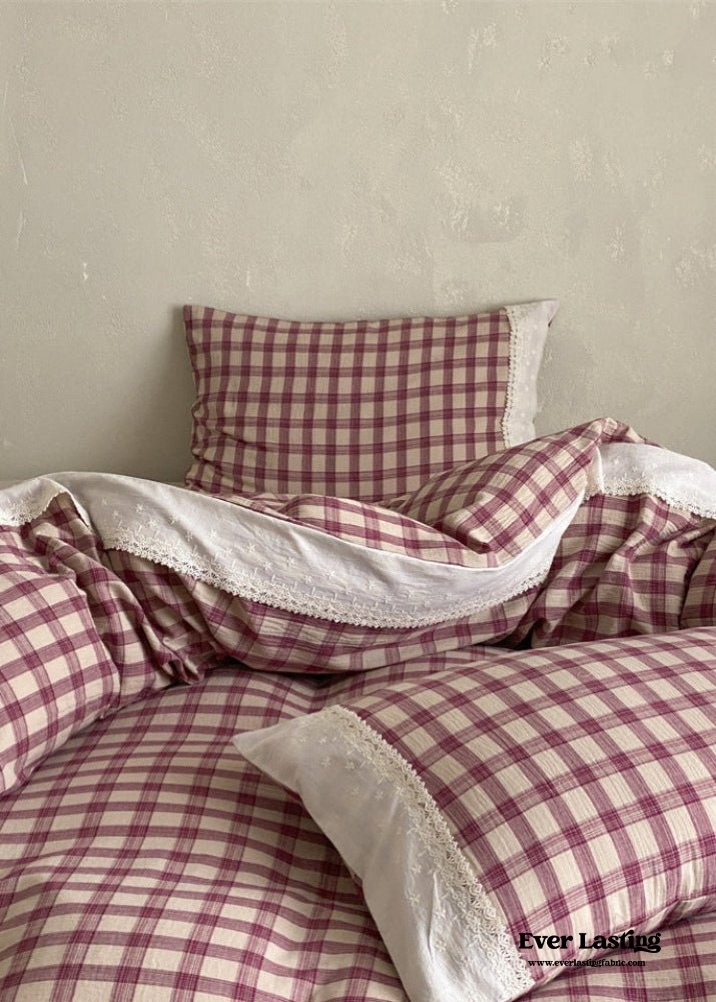 June Lace Double Gauze Gingham Bedding Set / Khaki - Ever Lasting