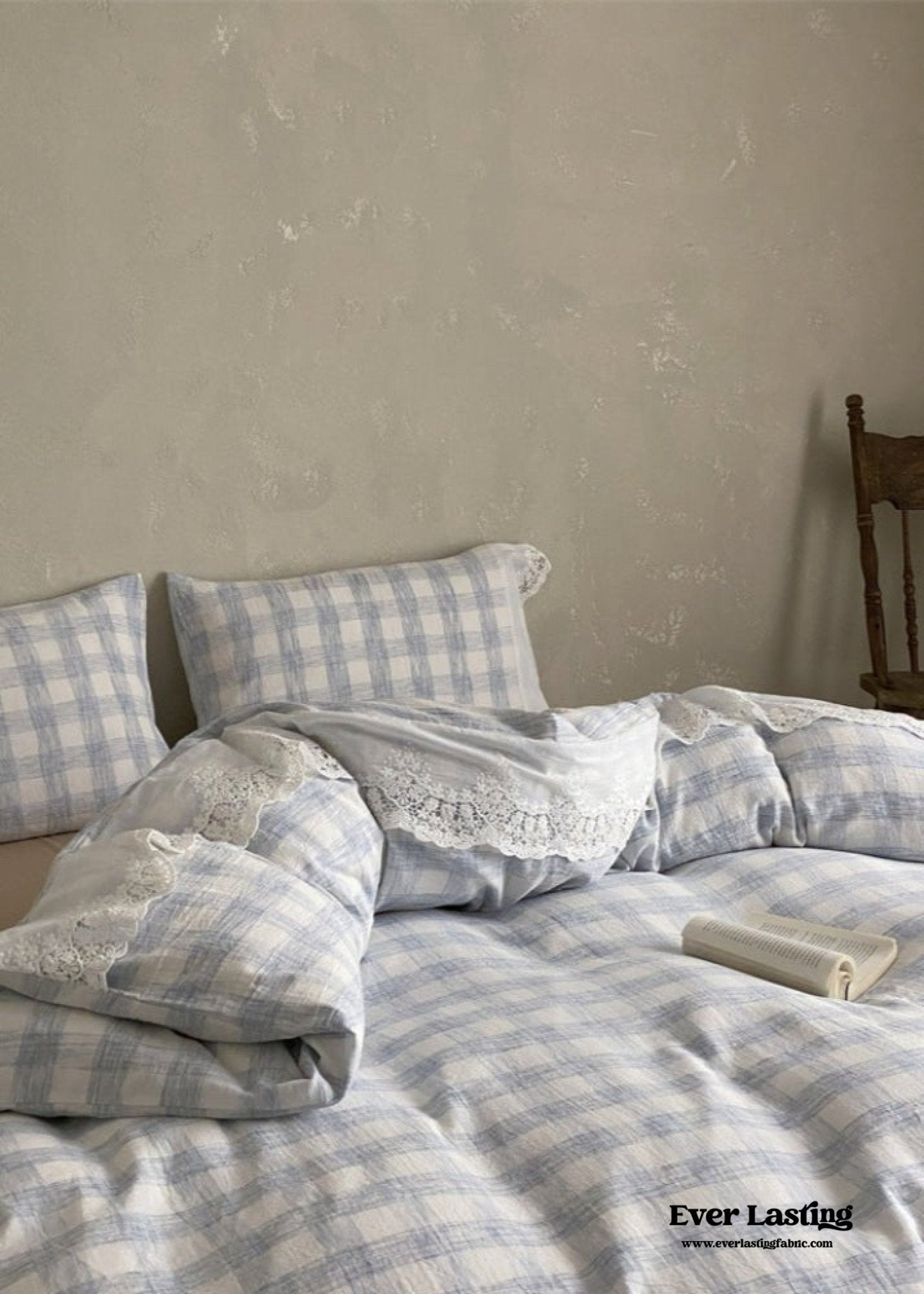 June Lace Double Gauze Gingham Bedding Set / Khaki - Ever Lasting