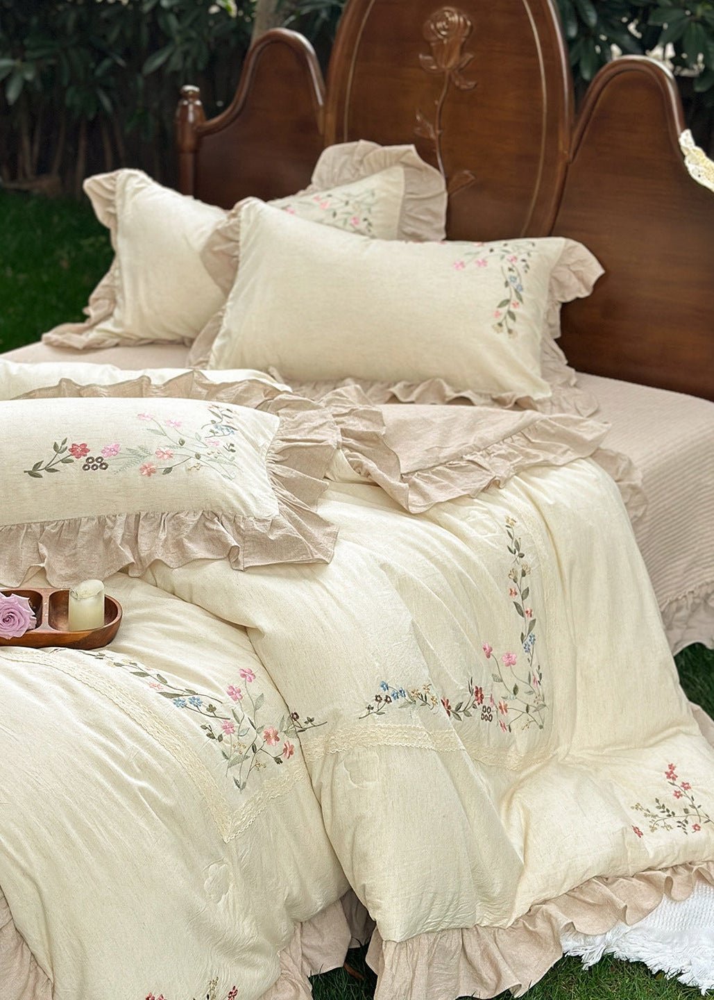 -Ever Lasting - Kennedy Floral Lace Bedding Set / Beige -Bedding Set -Ever Lasting