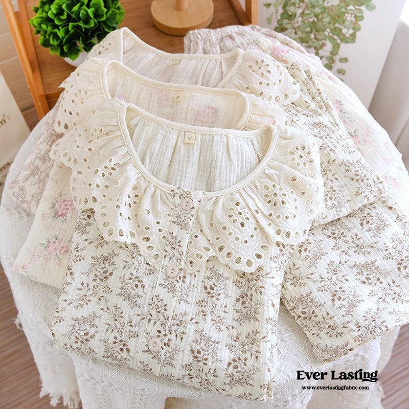 Lace Collar Long Sleeve And Pants Cotton Pajamas Set