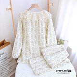 Lace Collar Long Sleeve And Pants Cotton Pajamas Set