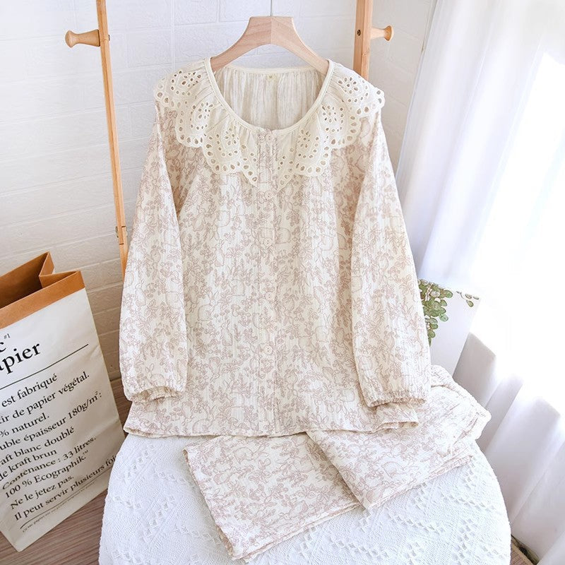 Lace Collar Long Sleeve And Pants Cotton Pajamas Set Beige / Small/Medium