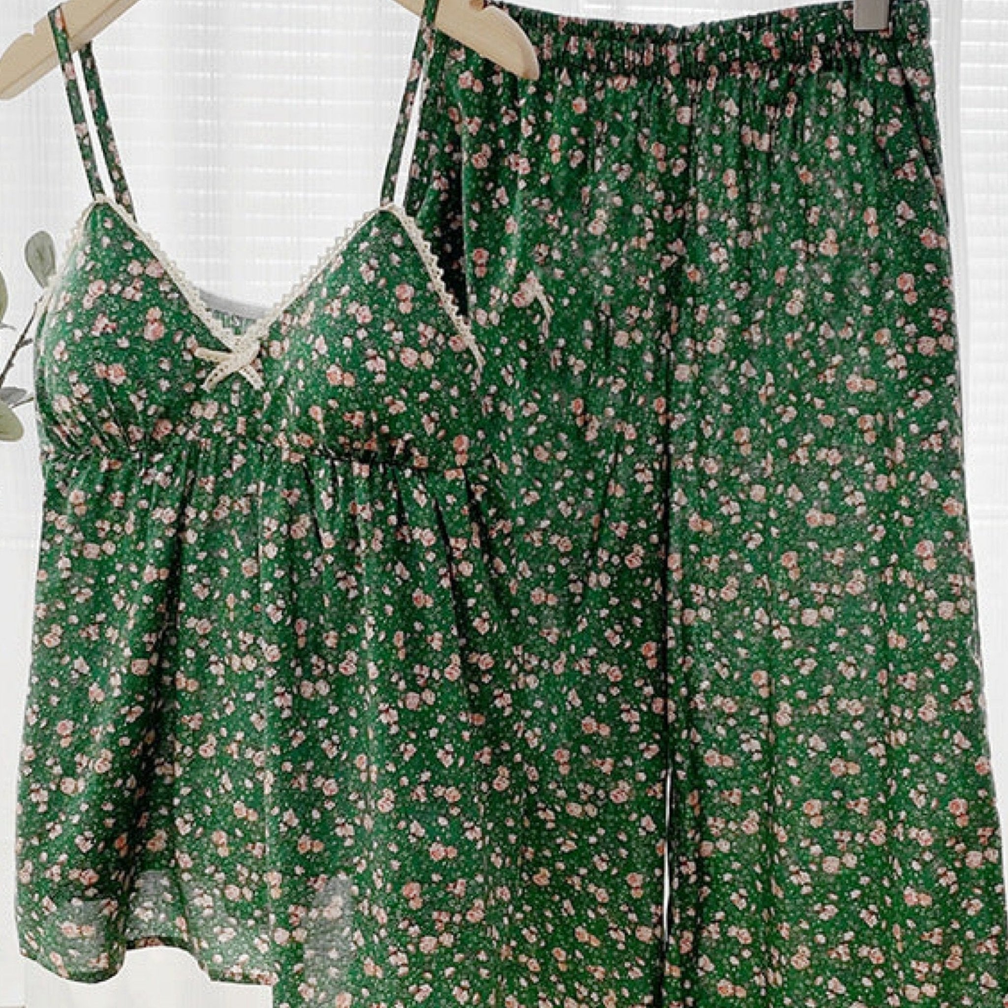 Lace Floral Cotton Tank and Pants Pajama Set / Green - Ever Lasting