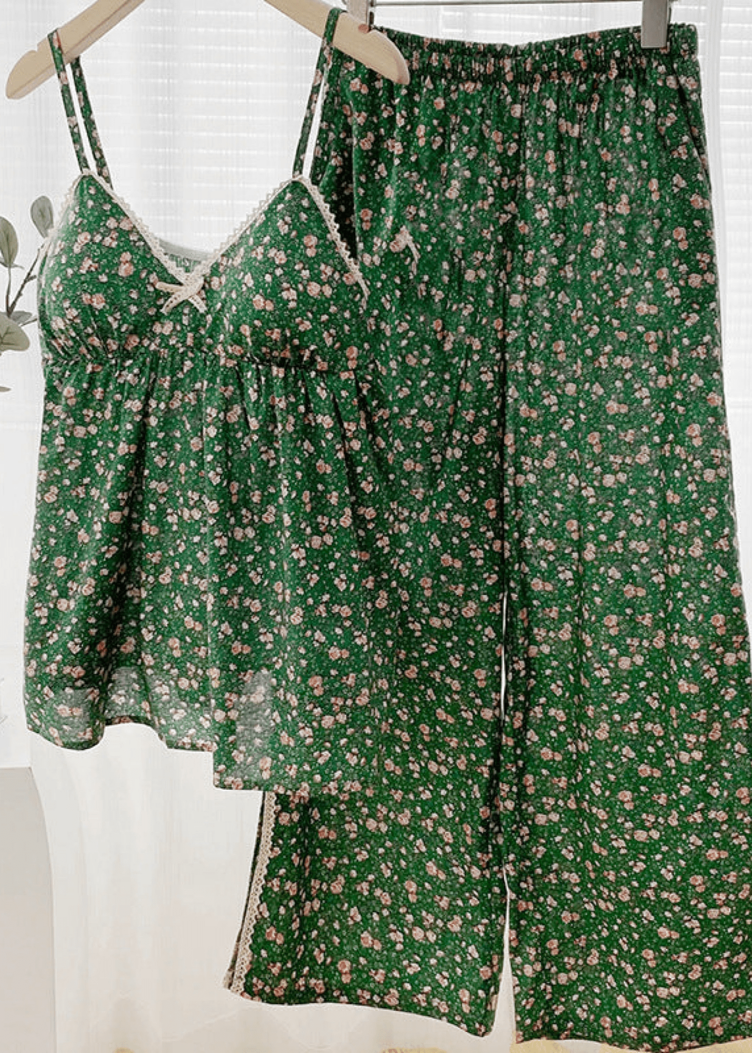 Lace Floral Cotton Tank and Pants Pajama Set / Red - Ever Lasting