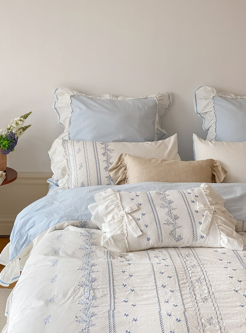 Embroidered French Lace Ruffle Bedding Set / Blue