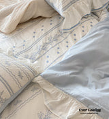 Embroidered French Lace Ruffle Bedding Set / Blue