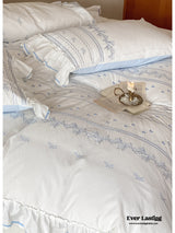 Embroidered French Lace Ruffle Bedding Set / Blue