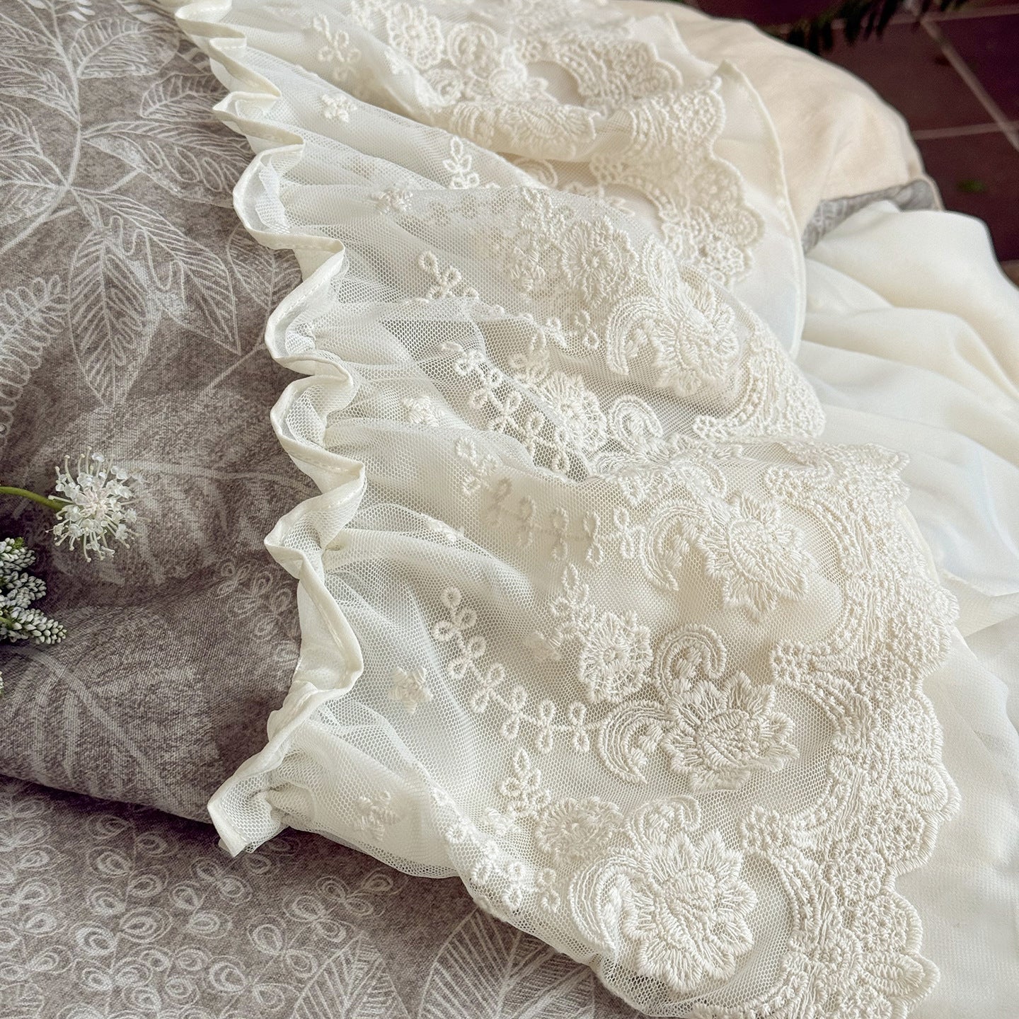  - Ever Lasting - Lena Ruffle Lace Embroidered Bedding Set / Beige - Bedding Set - Ever Lasting