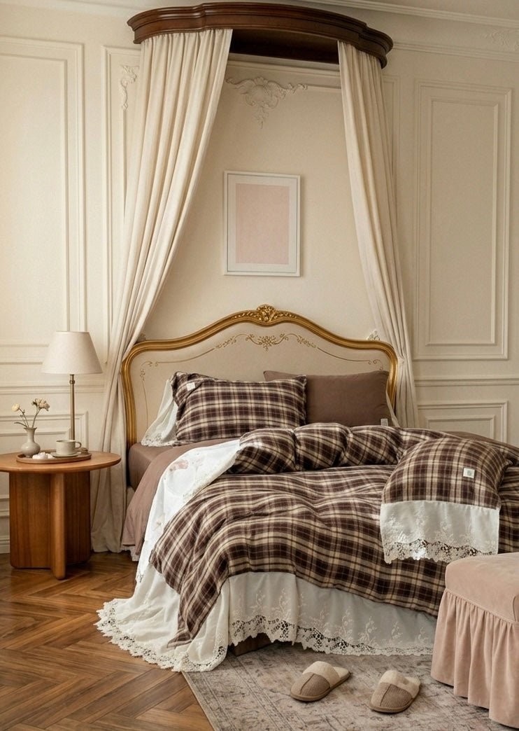  - Ever Lasting - Lilliana Plaid Ruffle Lace Bedding Set / Brown - Bedding Set - Ever Lasting
