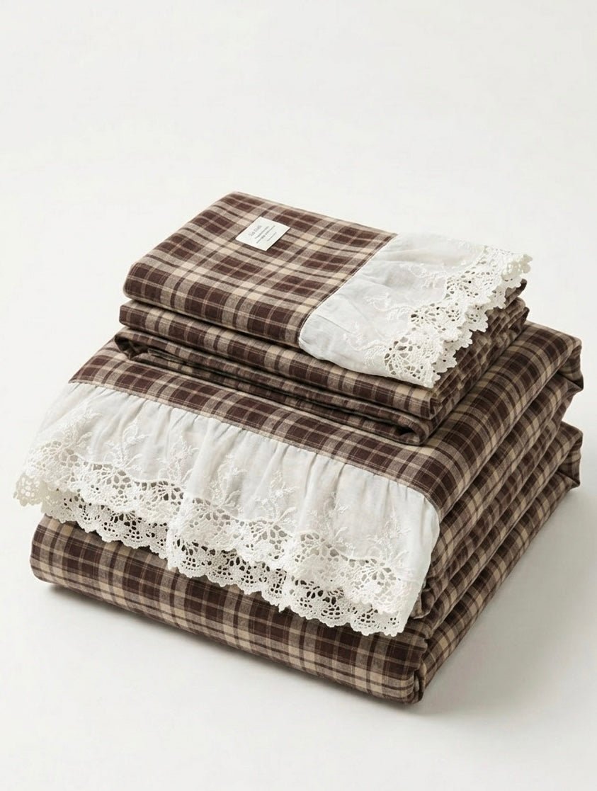  - Ever Lasting - Lilliana Plaid Ruffle Lace Bedding Set / Brown - Bedding Set - Ever Lasting