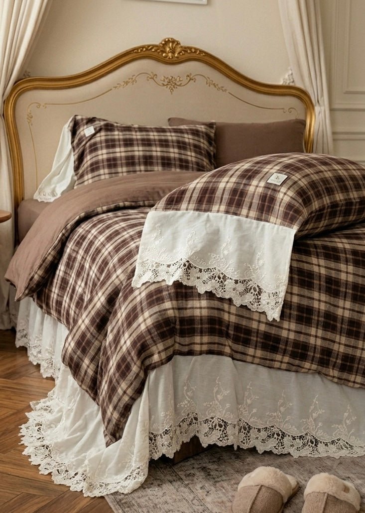  - Ever Lasting - Lilliana Plaid Ruffle Lace Bedding Set / Brown - Bedding Set - Ever Lasting