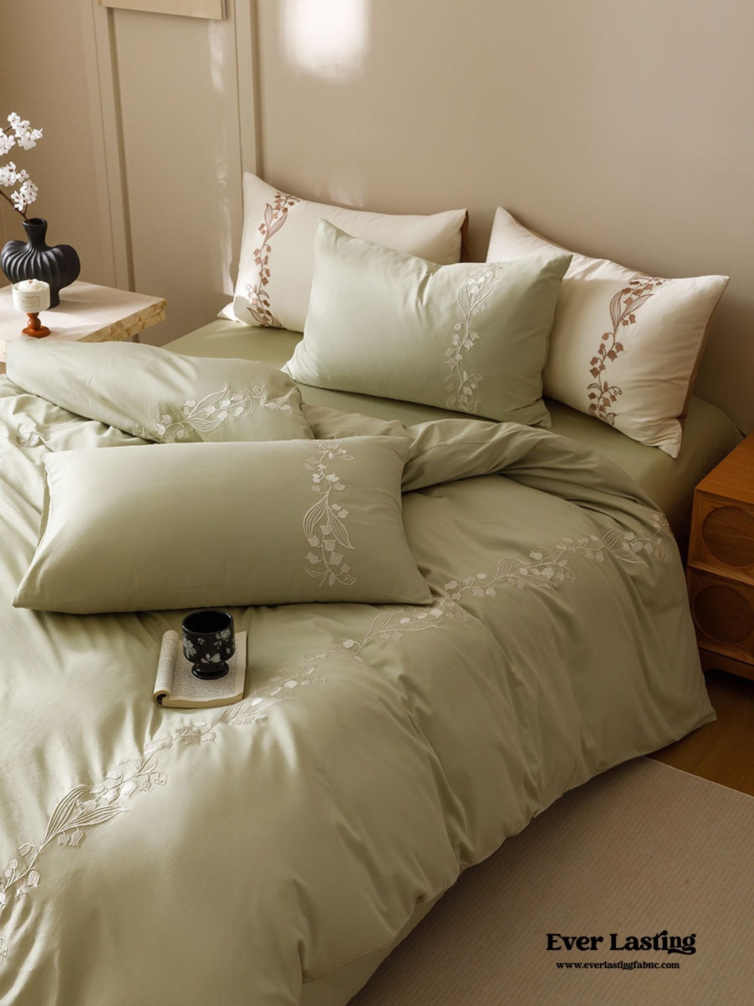 Lily of the Valley Embroidered Silky Bedding Bundle - Ever Lasting