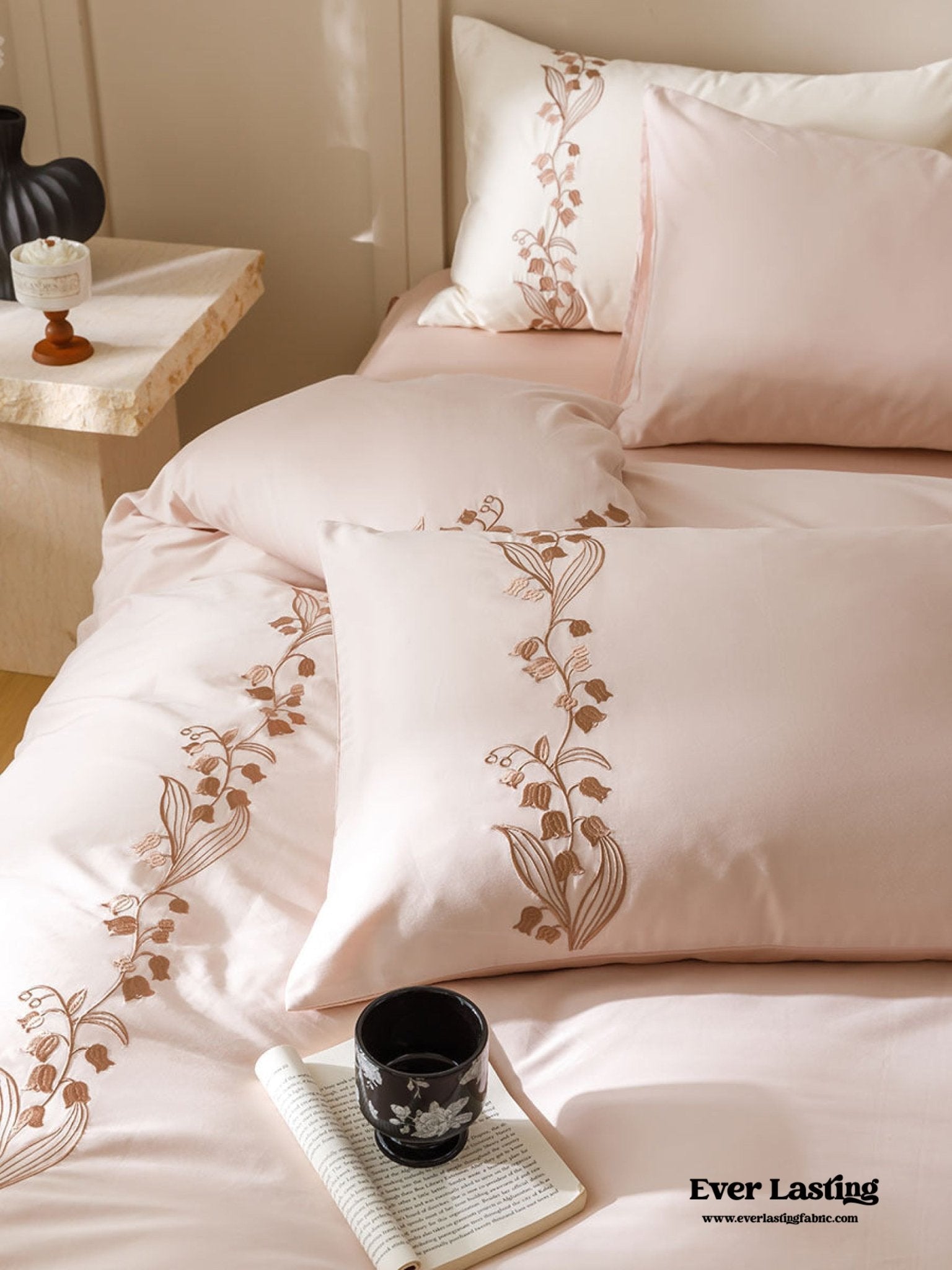 Lily of the Valley Embroidered Silky Bedding Bundle - Ever Lasting