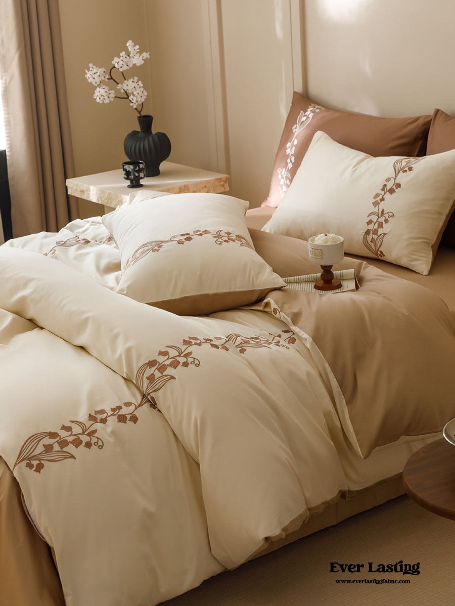Lily of the Valley Embroidered Silky Bedding Set / Cream - Ever Lasting