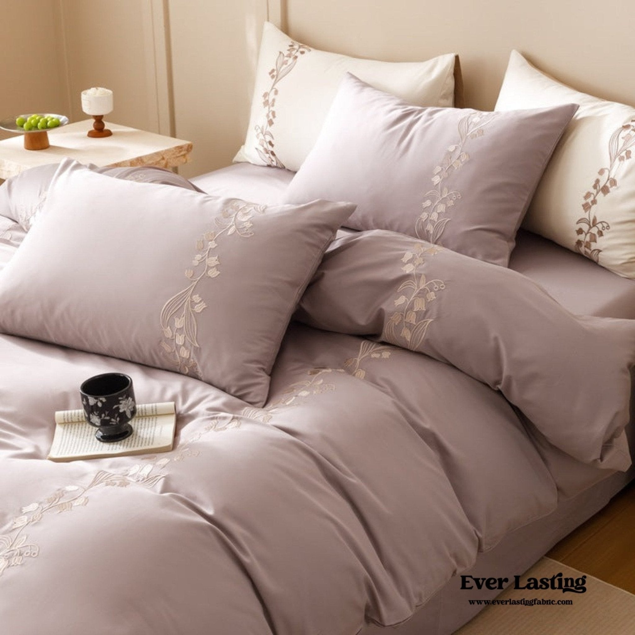 Lily of the Valley Embroidered Silky Bedding Set / Pink - Ever Lasting