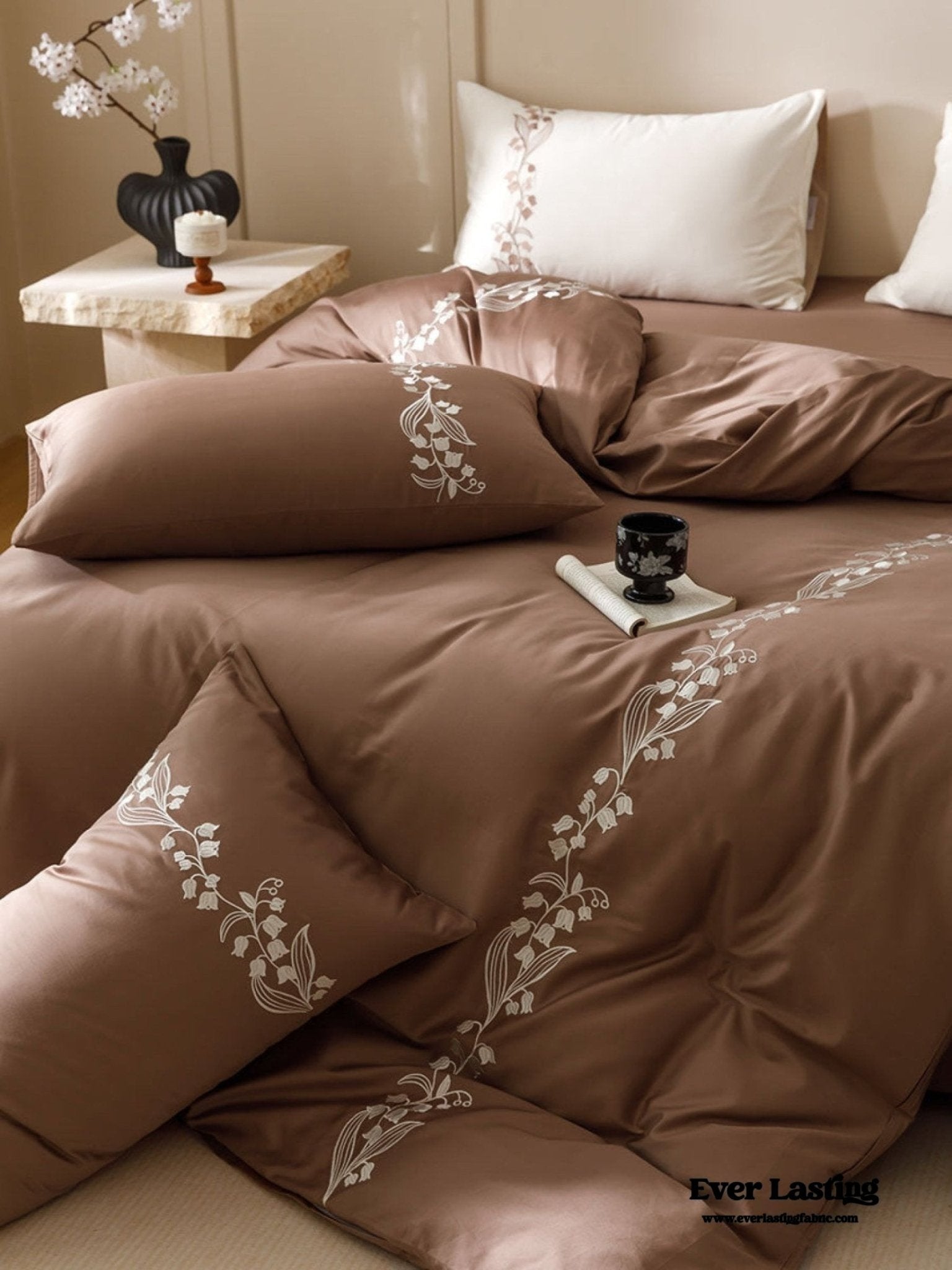 Lily of the Valley Embroidered Silky Bedding Set / Pink - Ever Lasting