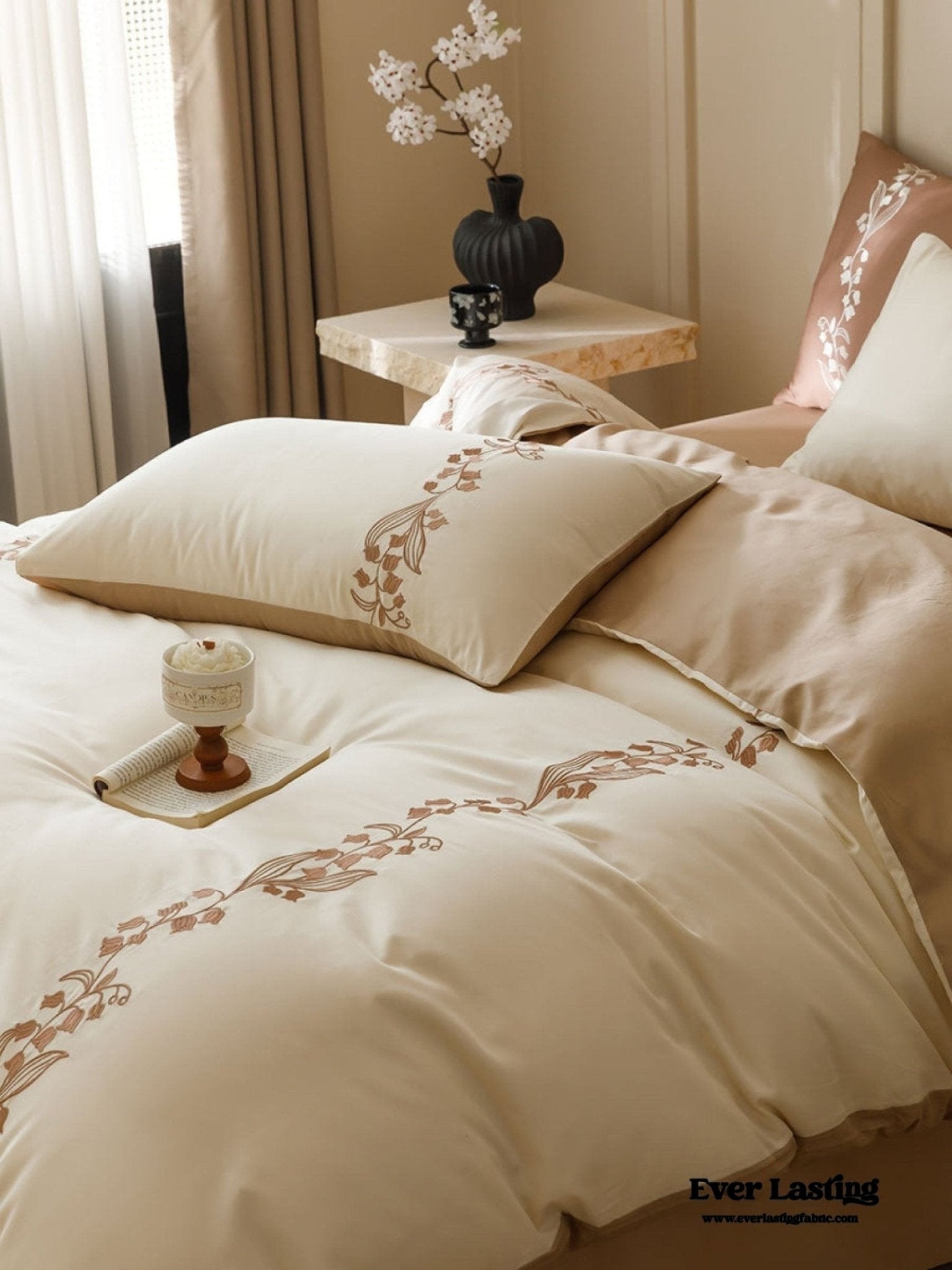 Lily of the Valley Embroidered Silky Bedding Set / Pink - Ever Lasting