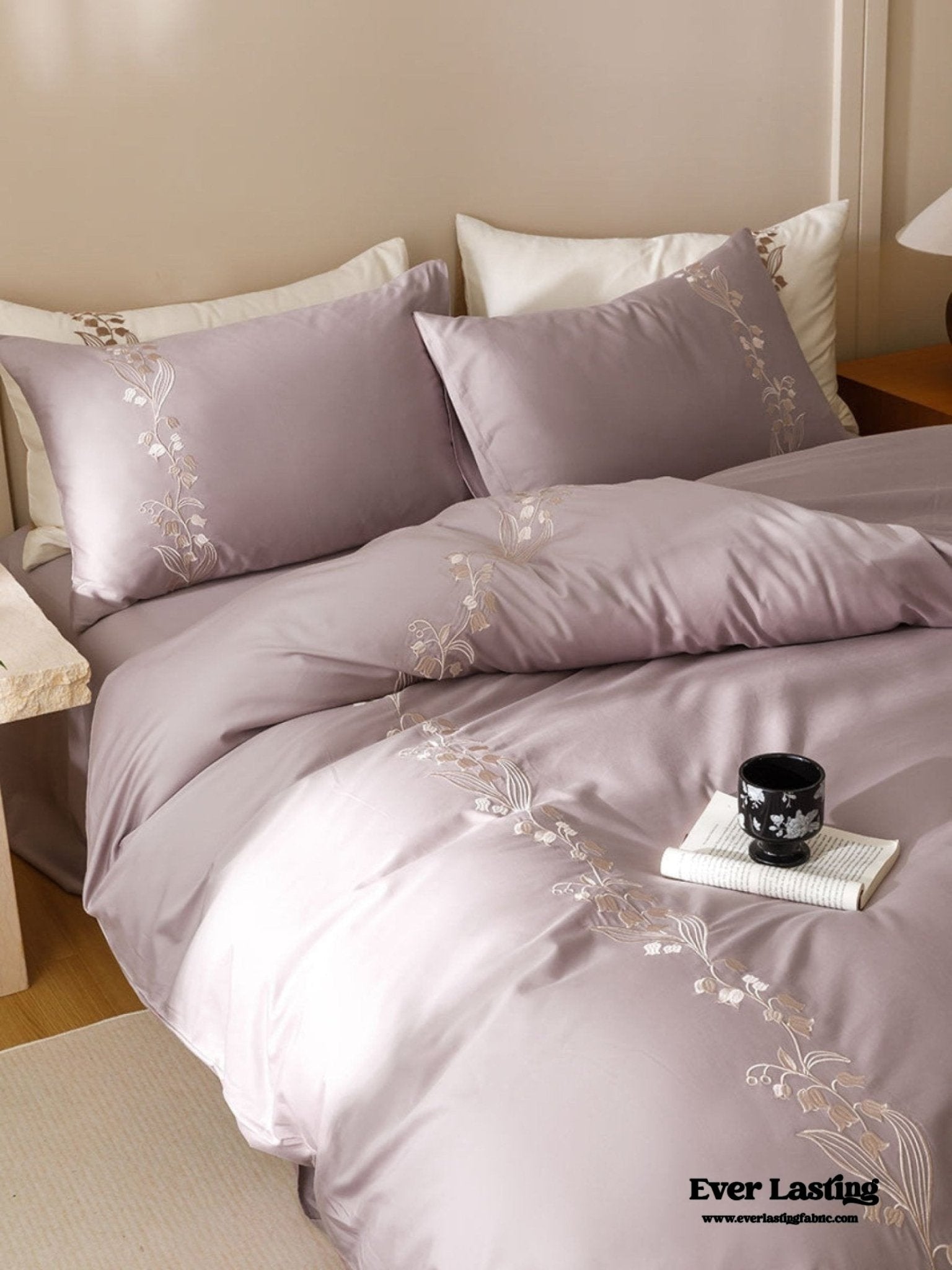 Lily of the Valley Embroidered Silky Bedding Set / Purple - Ever Lasting