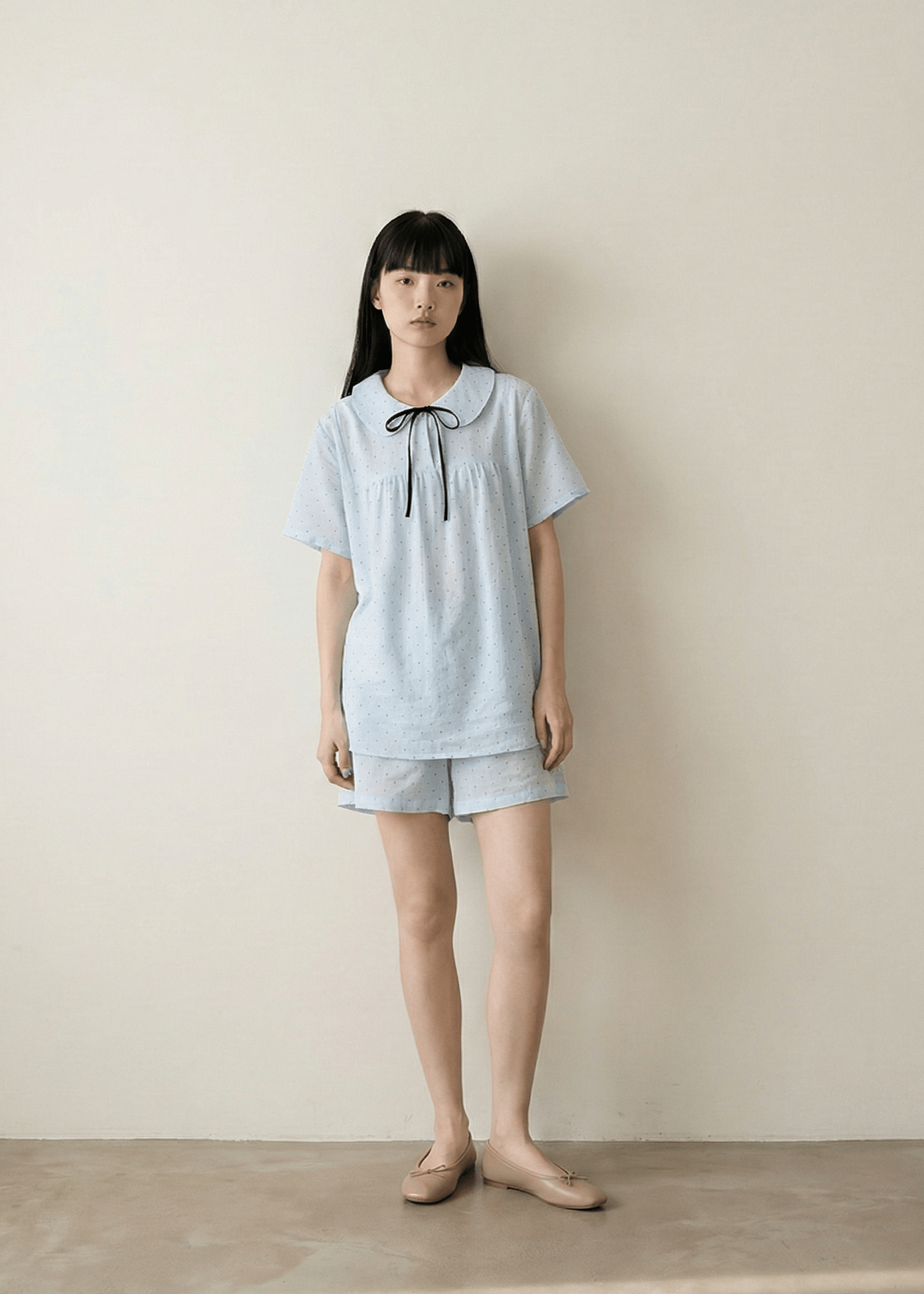  - Ever Lasting - Lina Double Gauze Polka Dot Lounge Set / Soft Water Blue (Short Sleeve & Shorts) - Pajamas - Ever Lasting