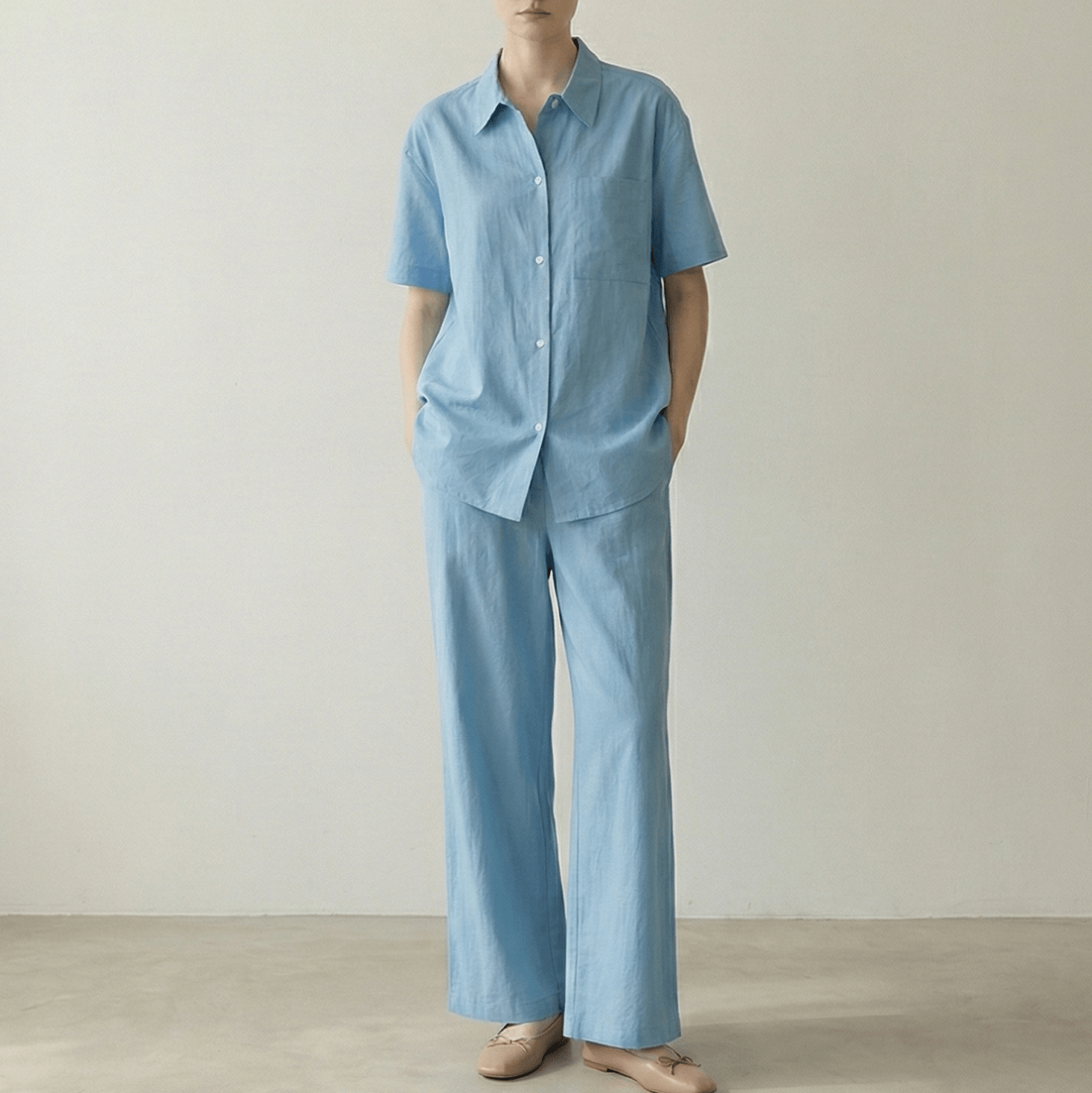  - Ever Lasting - Lino Natural Texture Cotton Set / Fresh Lake Blue (Unisex) - Pajamas - Ever Lasting