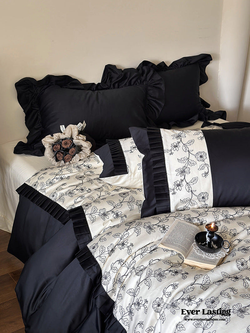 Little Black Lace Floral Bedding Set / + White