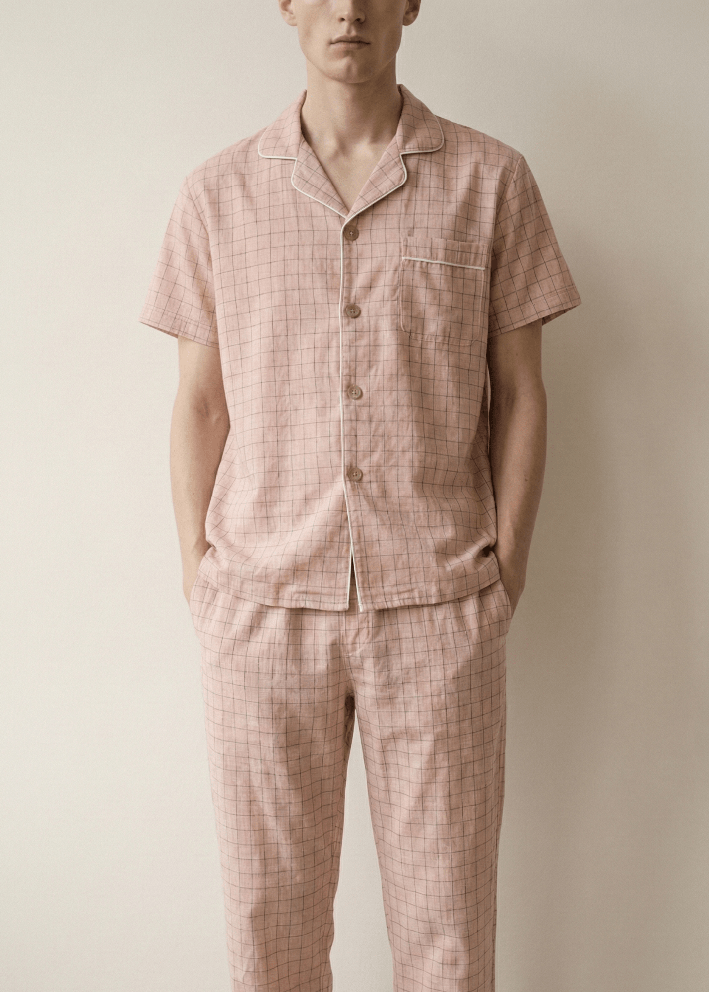  - Ever Lasting - Luca Washed Cotton Plaid Lapel Pajama Set / Pink - Pajama Set - Ever Lasting