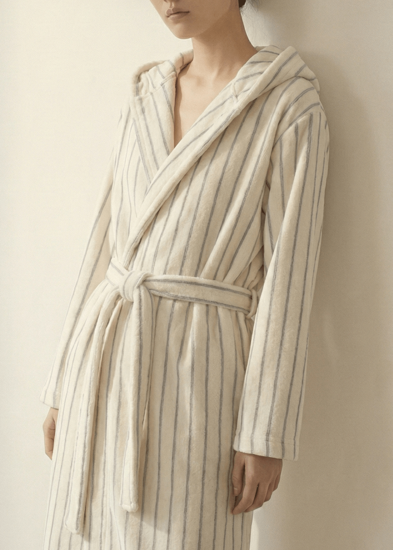  - Ever Lasting - Luna Winter Stripe Hooded Robe & Pants Set / Cream Gray - Robes - Ever Lasting