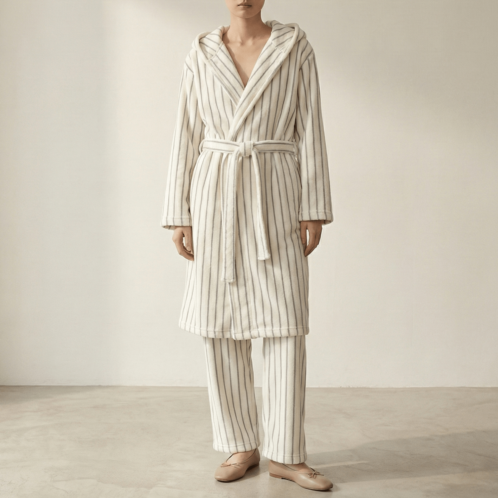  - Ever Lasting - Luna Winter Stripe Hooded Robe & Pants Set / Cream Gray - Robes - Ever Lasting