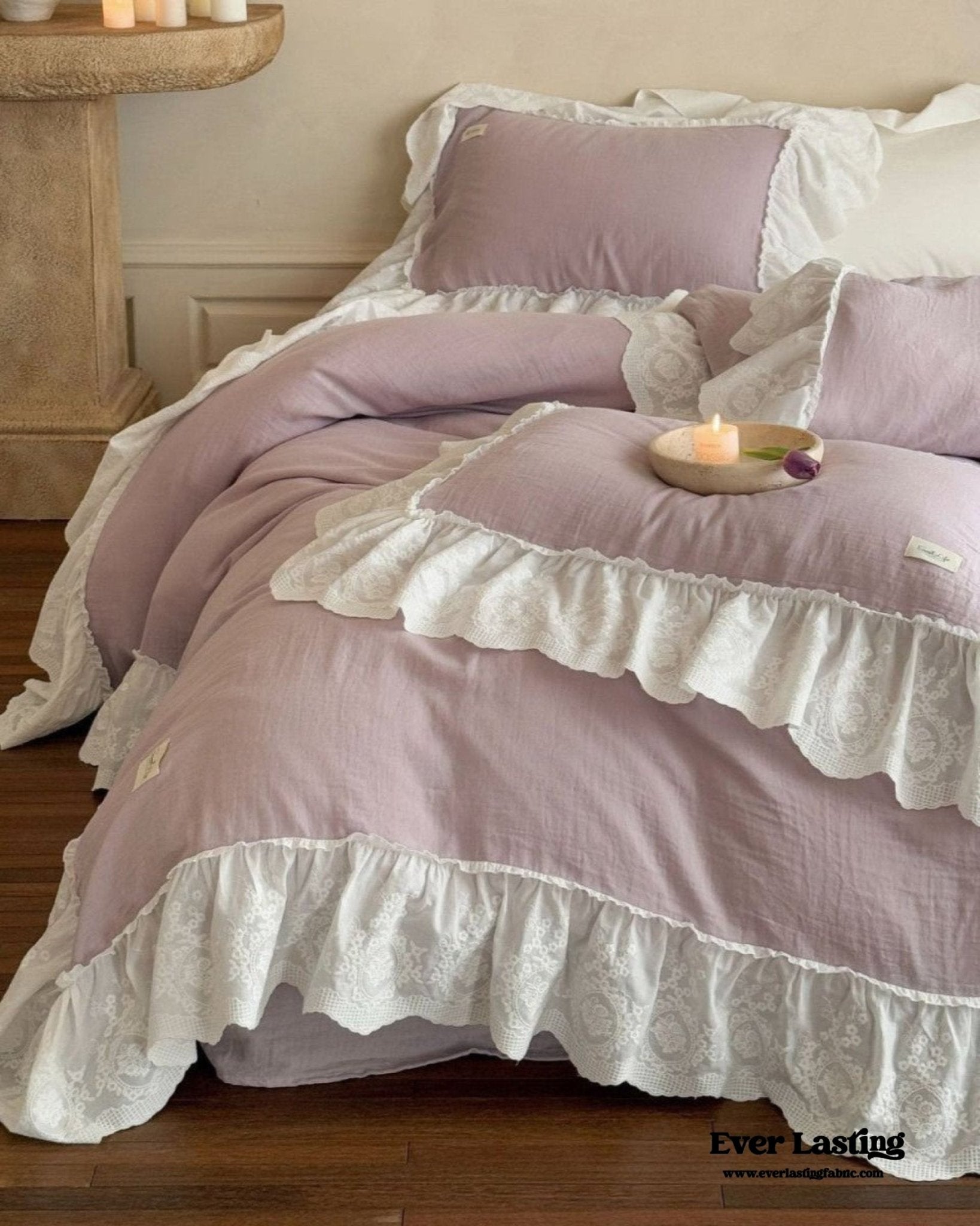 Macaroon French Lace Ruffled Bedding Set / Purple - Ever Lasting