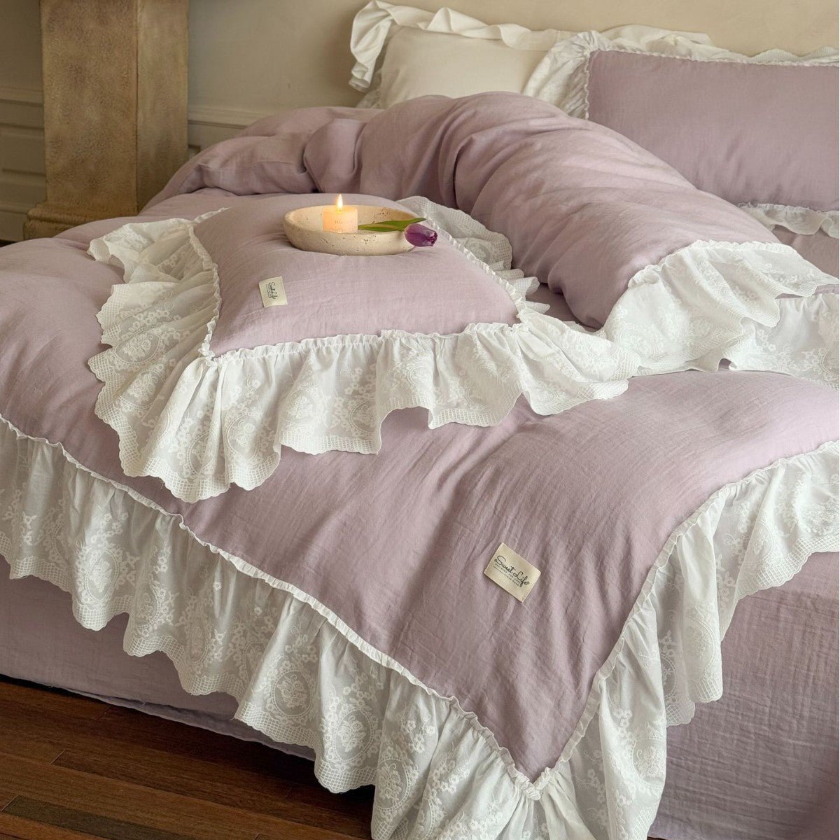 Macaroon French Lace Ruffled Bedding Set / Purple - Ever Lasting