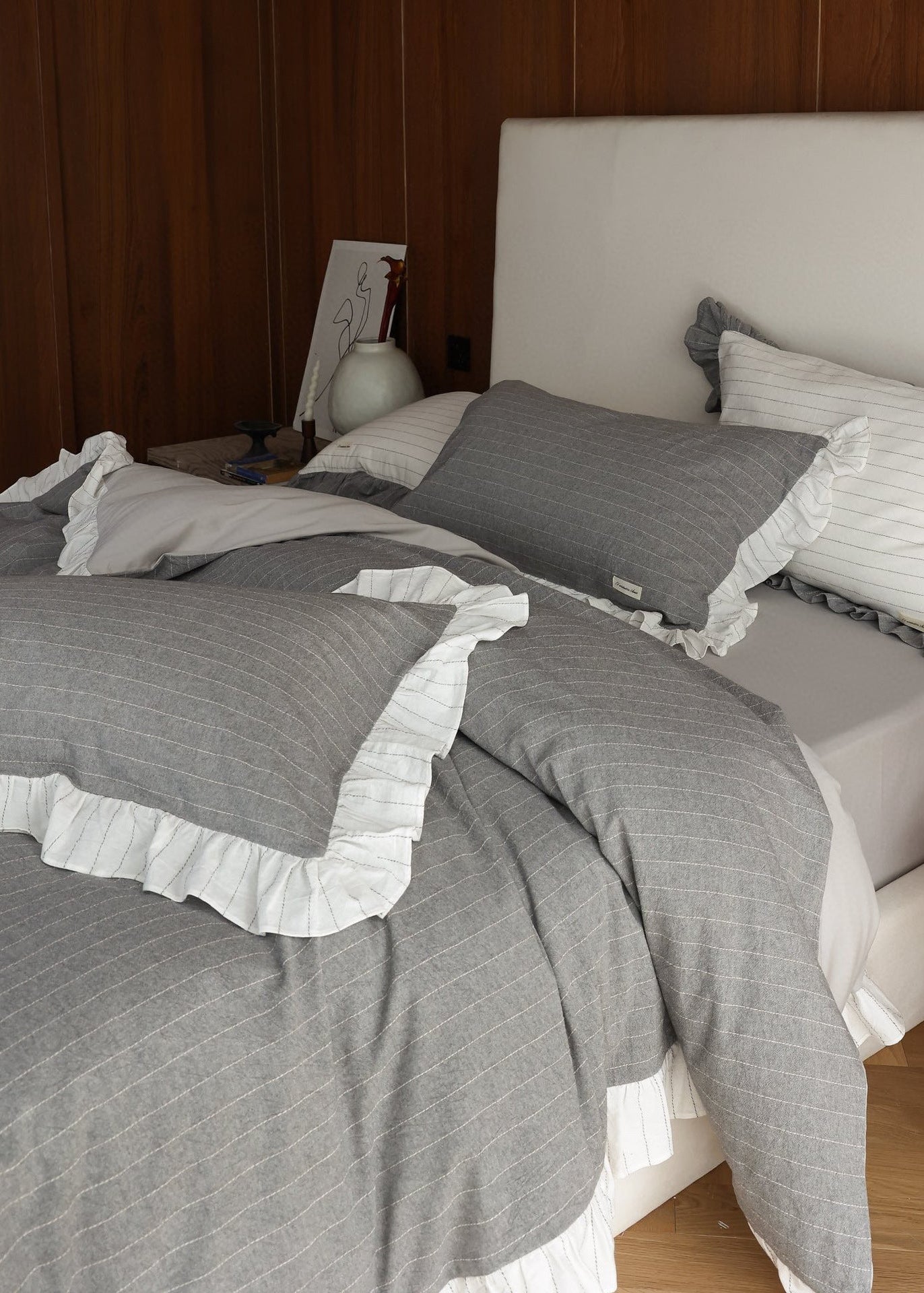 -Ever Lasting - Madison Striped Ruffle Bedding Set / Gray -Bedding Set -Ever Lasting