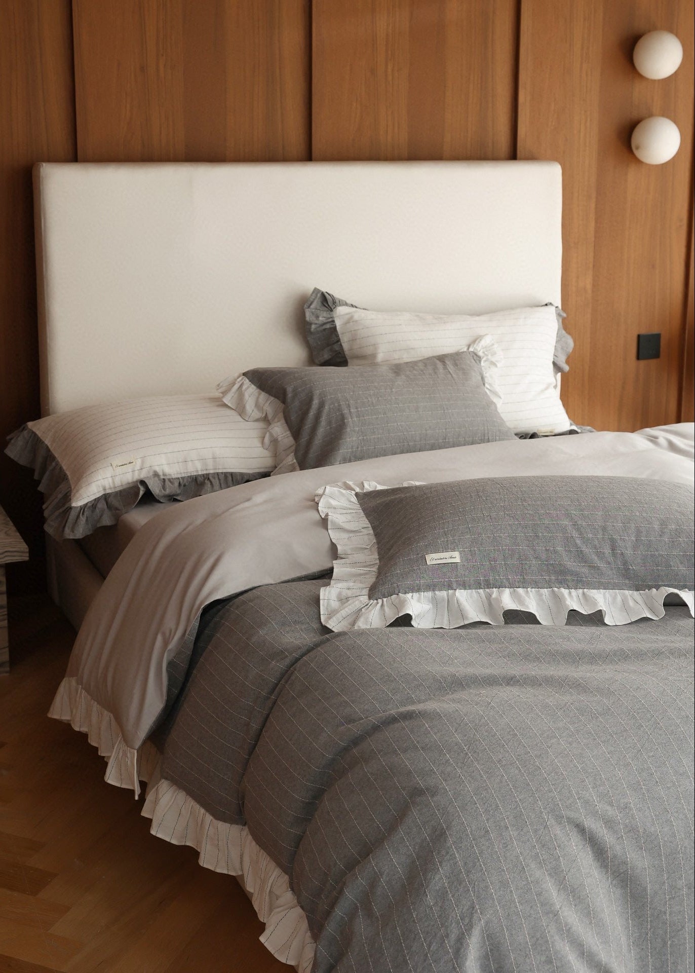 -Ever Lasting - Madison Striped Ruffle Bedding Set / Gray -Bedding Set -Ever Lasting